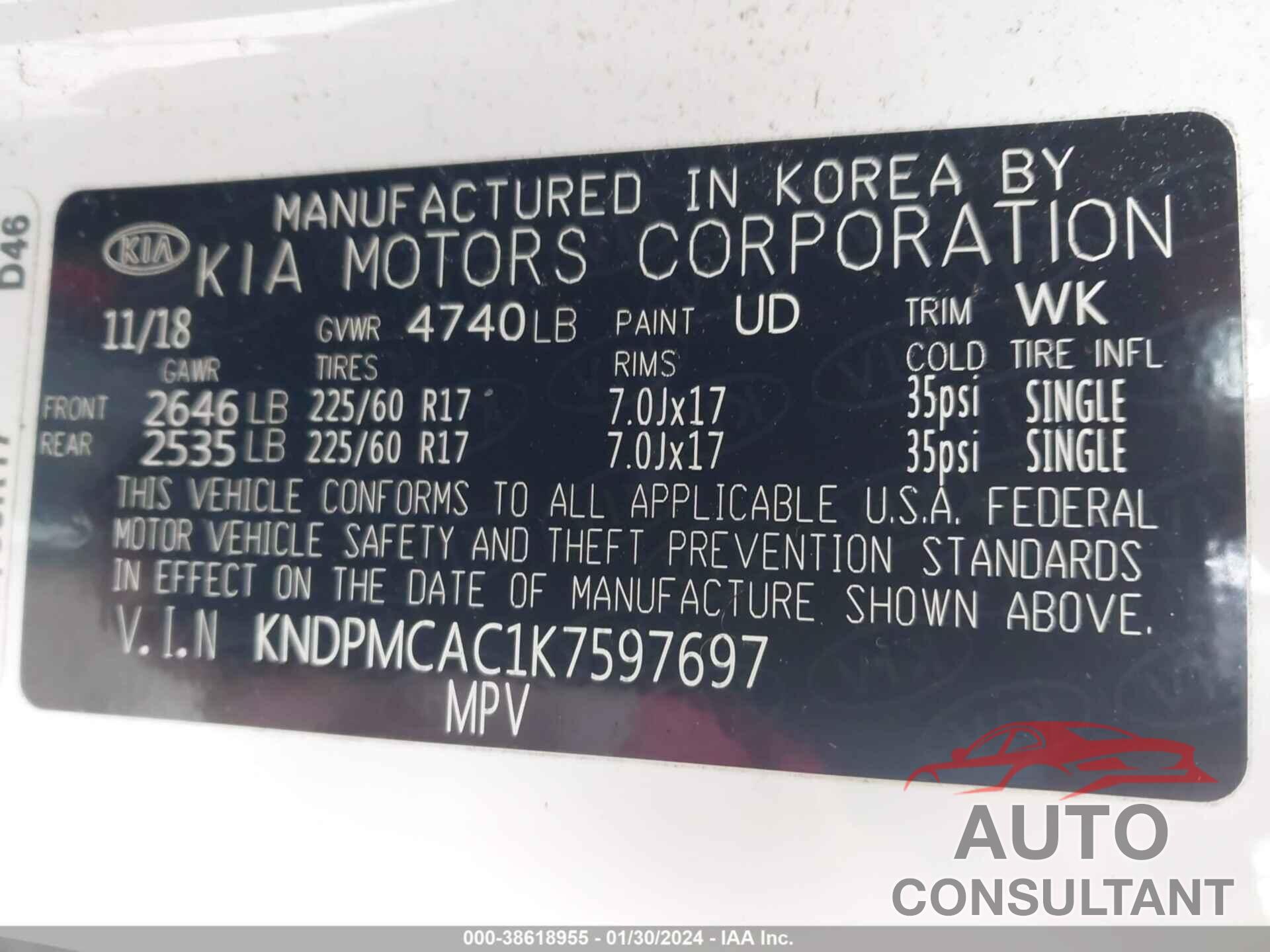 KIA SPORTAGE 2019 - KNDPMCAC1K7597697