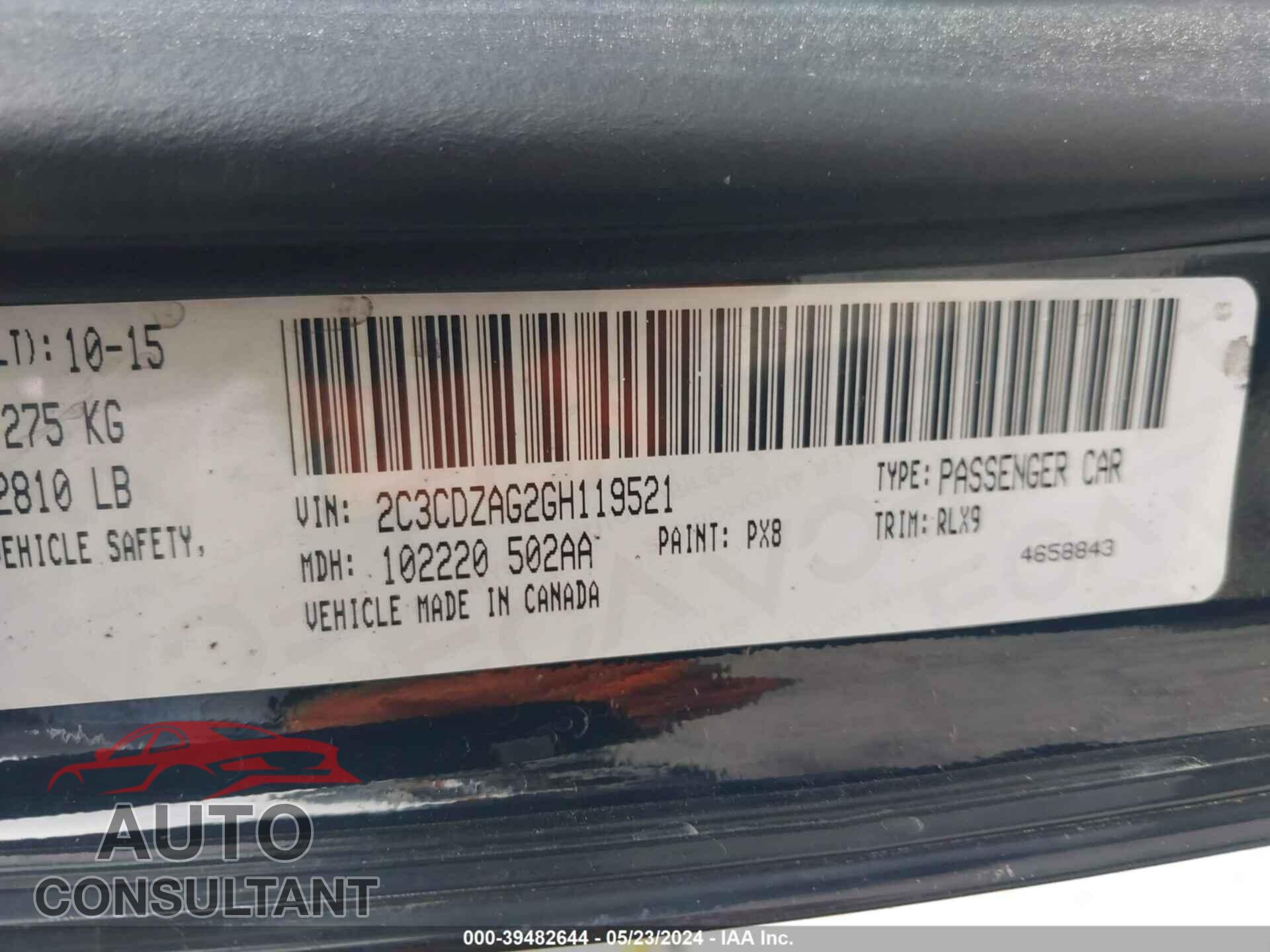 DODGE CHALLENGER 2016 - 2C3CDZAG2GH119521