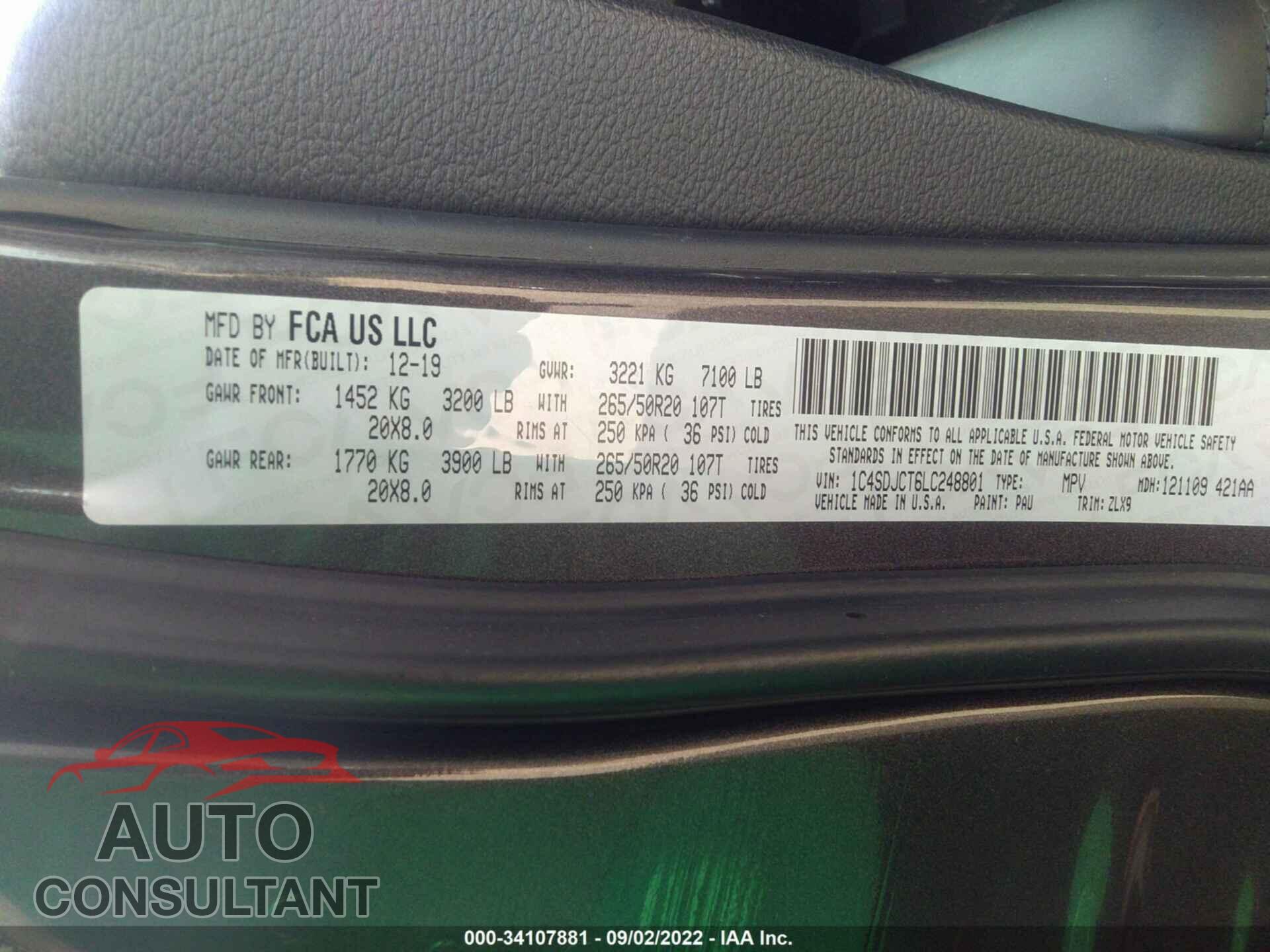 DODGE DURANGO 2020 - 1C4SDJCT6LC248801