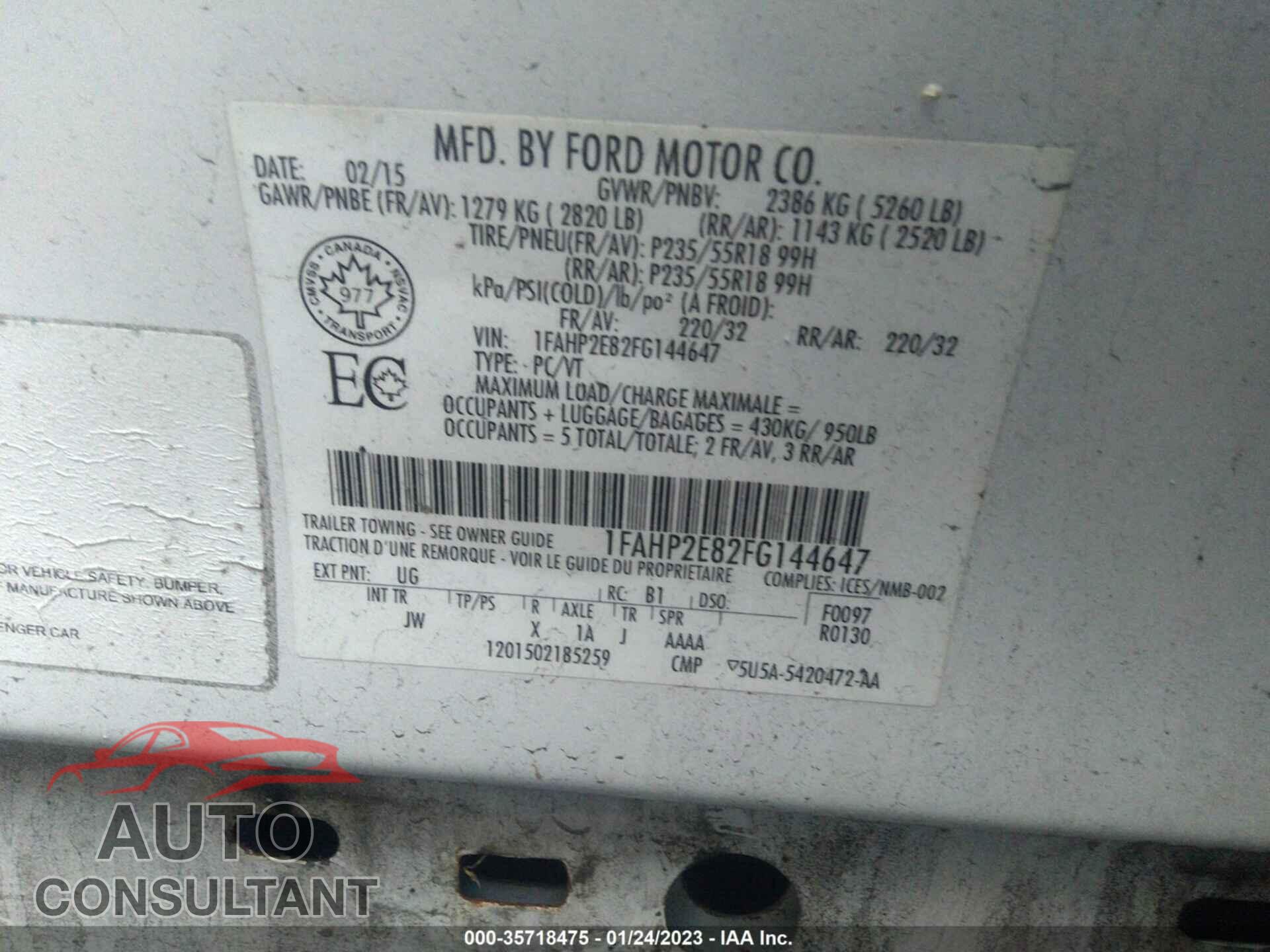 FORD TAURUS 2015 - 1FAHP2E82FG144647