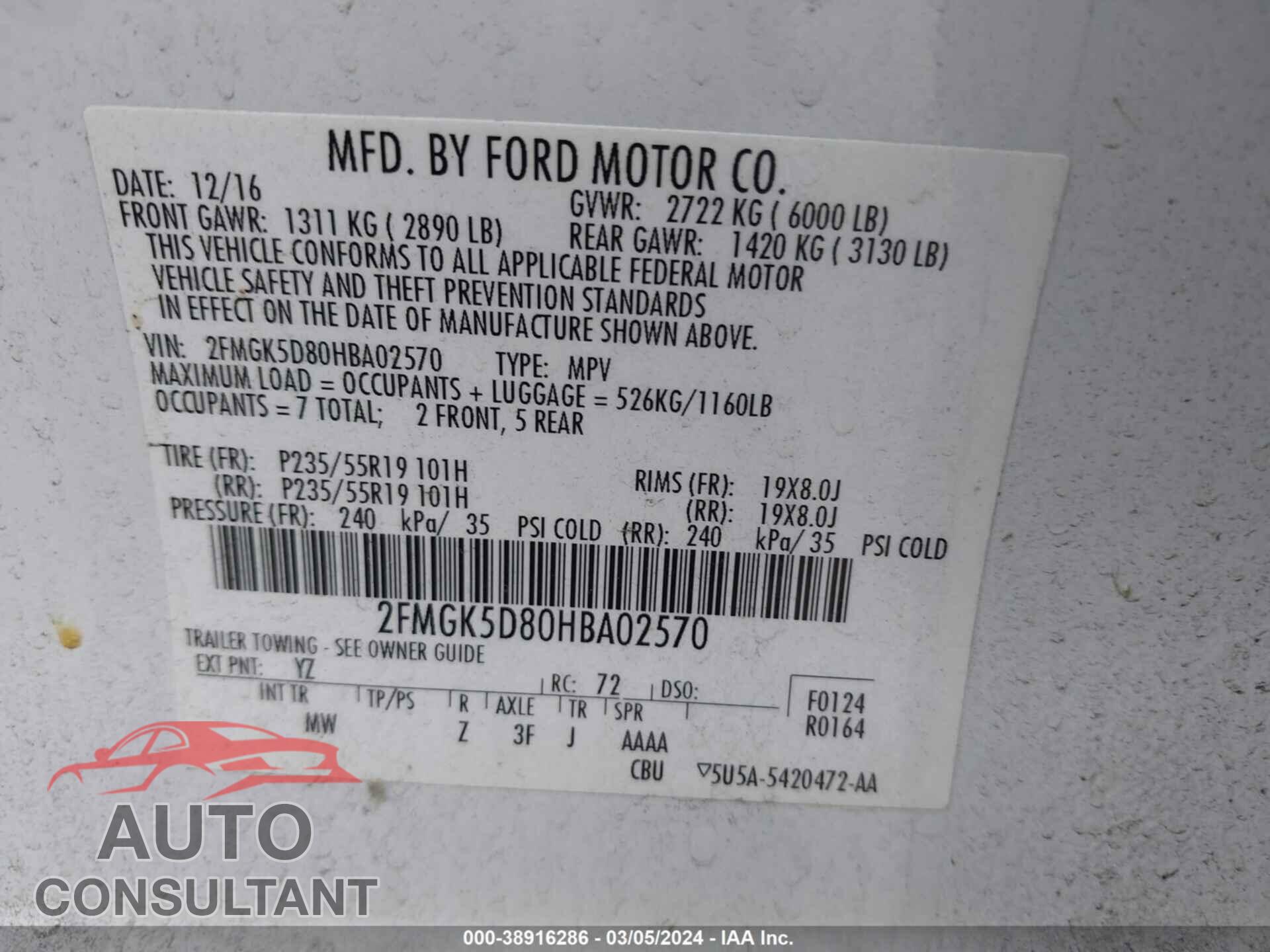 FORD FLEX 2017 - 2FMGK5D80HBA02570