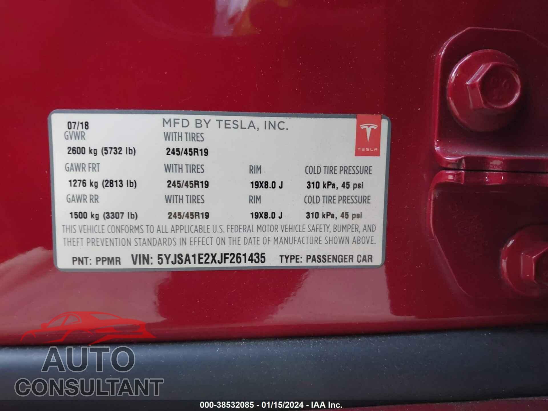 TESLA MODEL S 2018 - 5YJSA1E2XJF261435