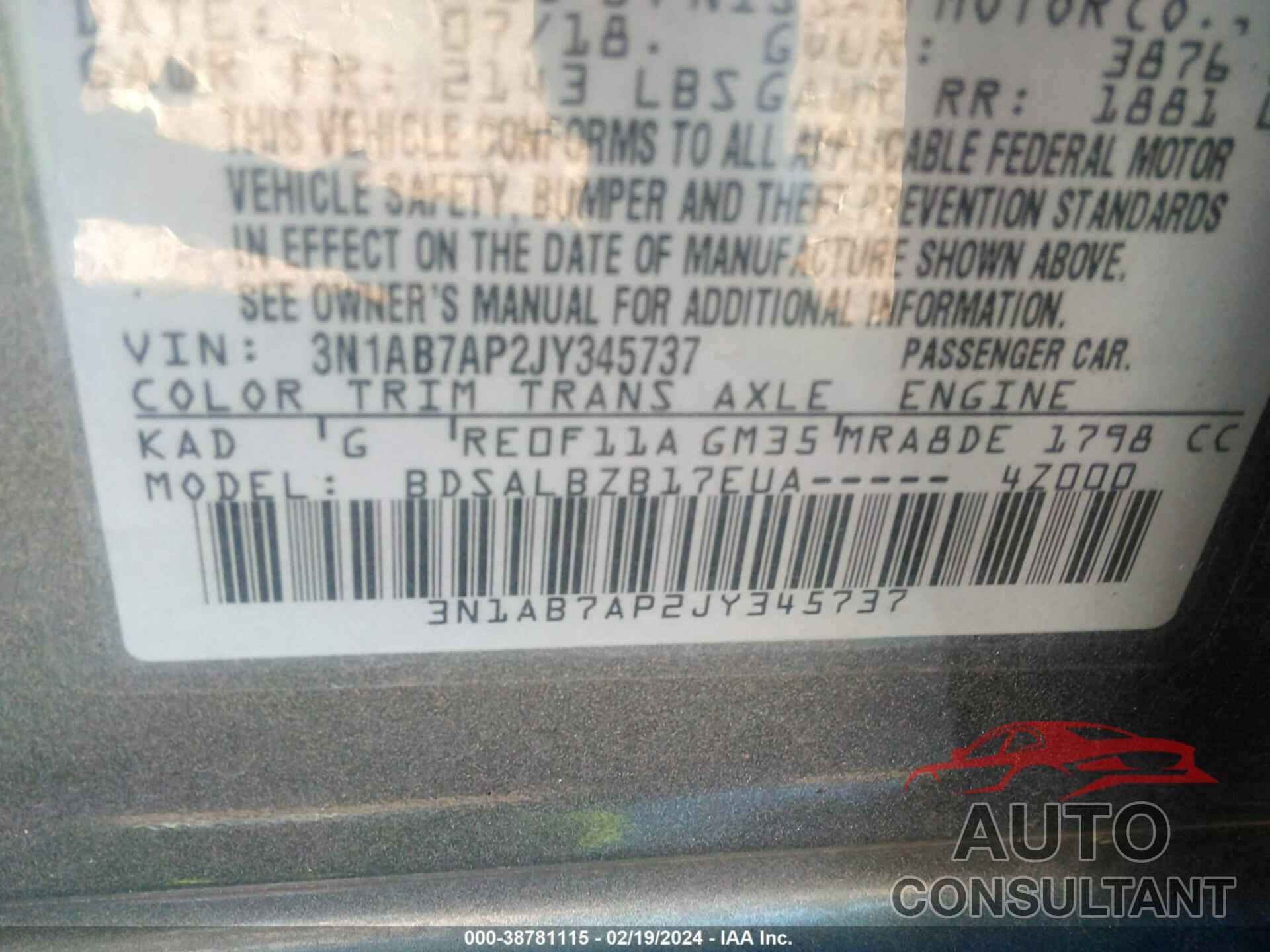 NISSAN SENTRA 2018 - 3N1AB7AP2JY345737