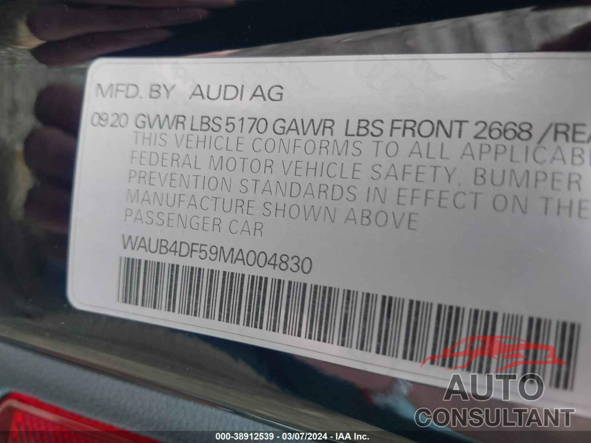 AUDI S5 SPORTBACK 2021 - WAUB4DF59MA004830