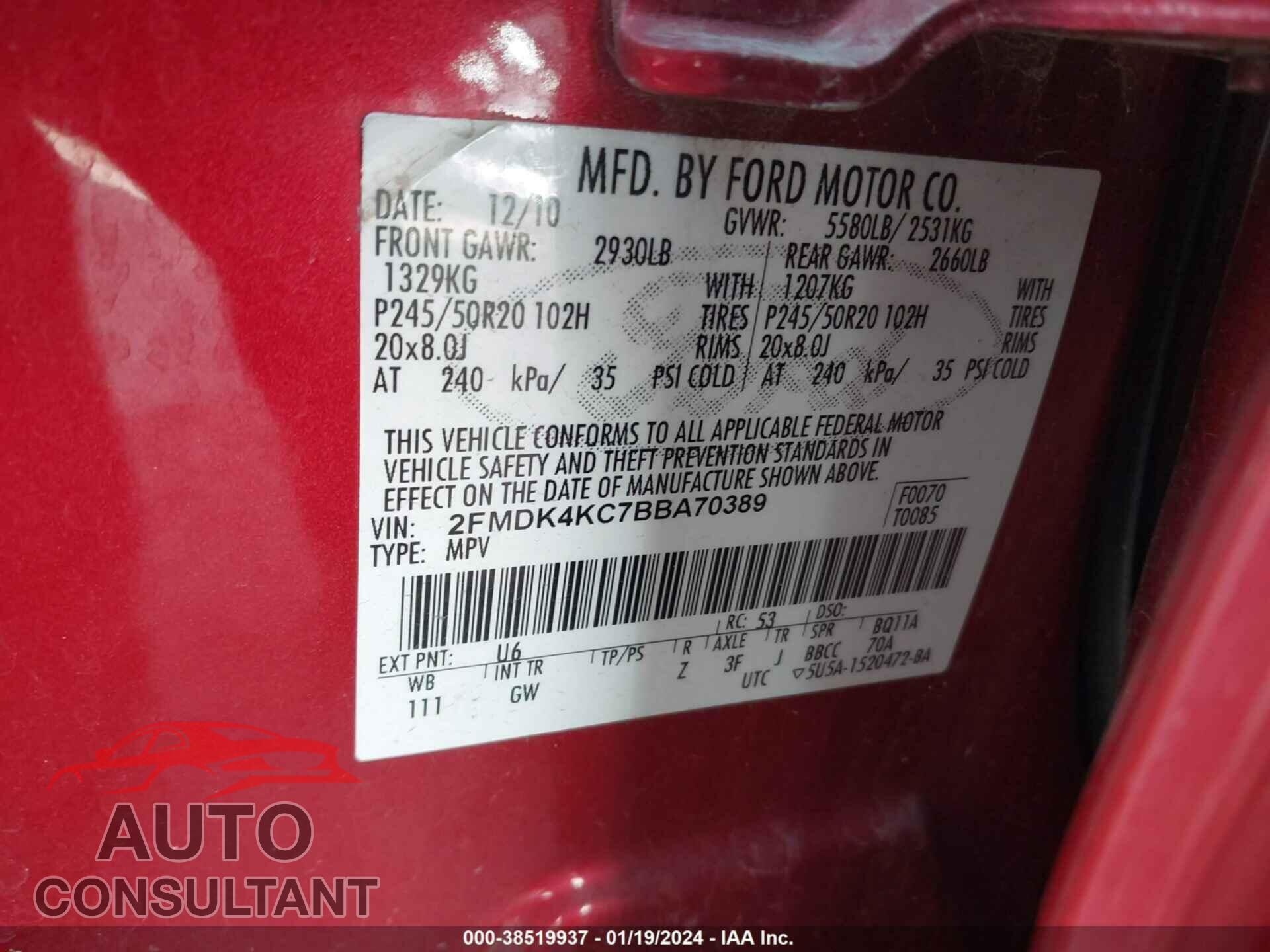 FORD EDGE 2011 - 2FMDK4KC7BBA70389