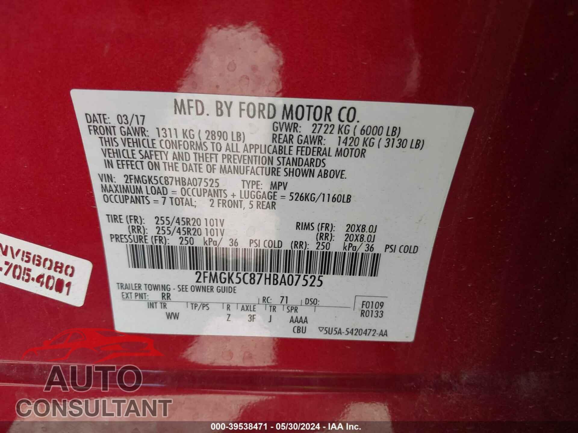 FORD FLEX 2017 - 2FMGK5C87HBA07525