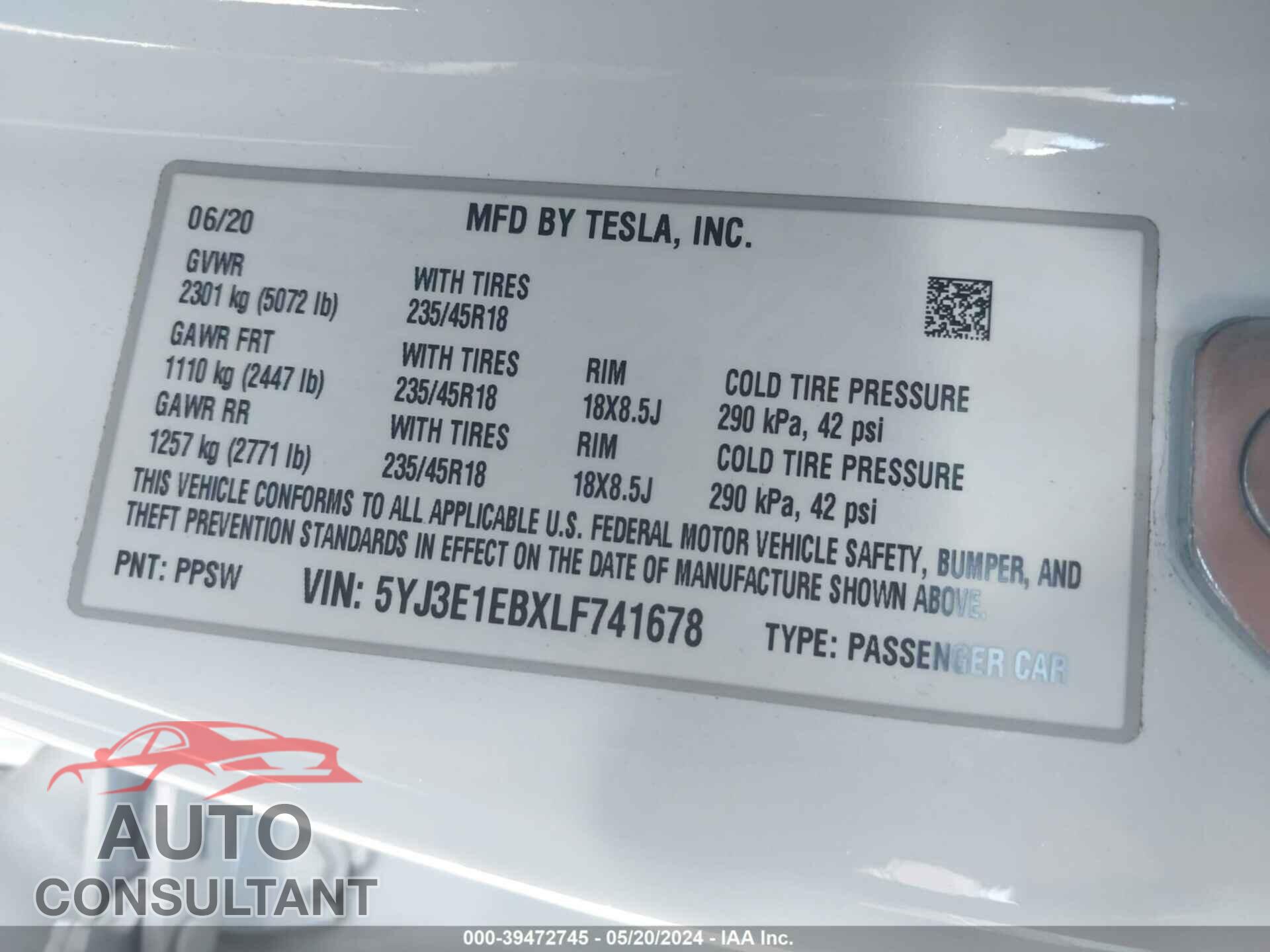 TESLA MODEL 3 2020 - 5YJ3E1EBXLF741678