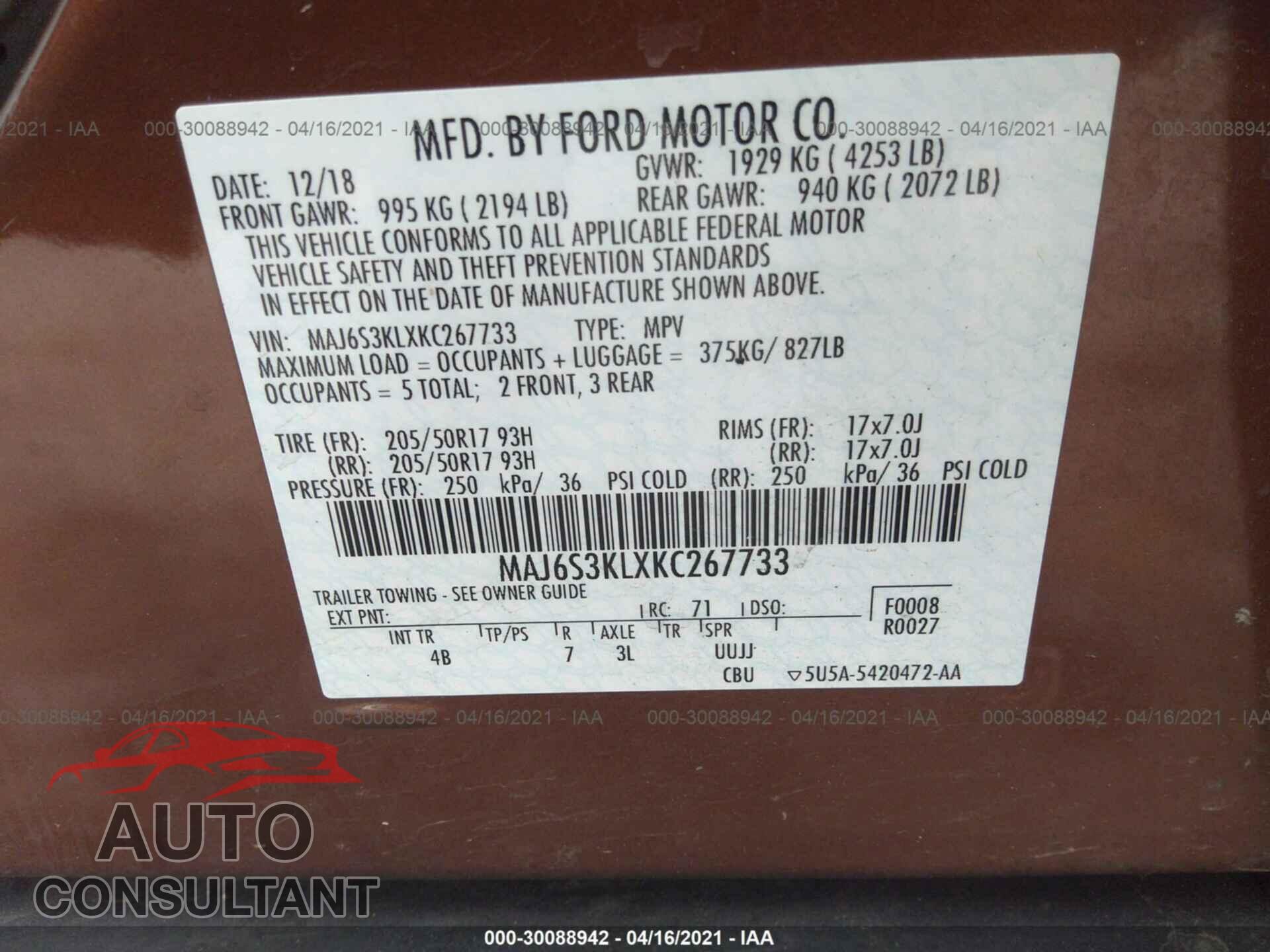 FORD ECOSPORT 2019 - MAJ6S3KLXKC267733