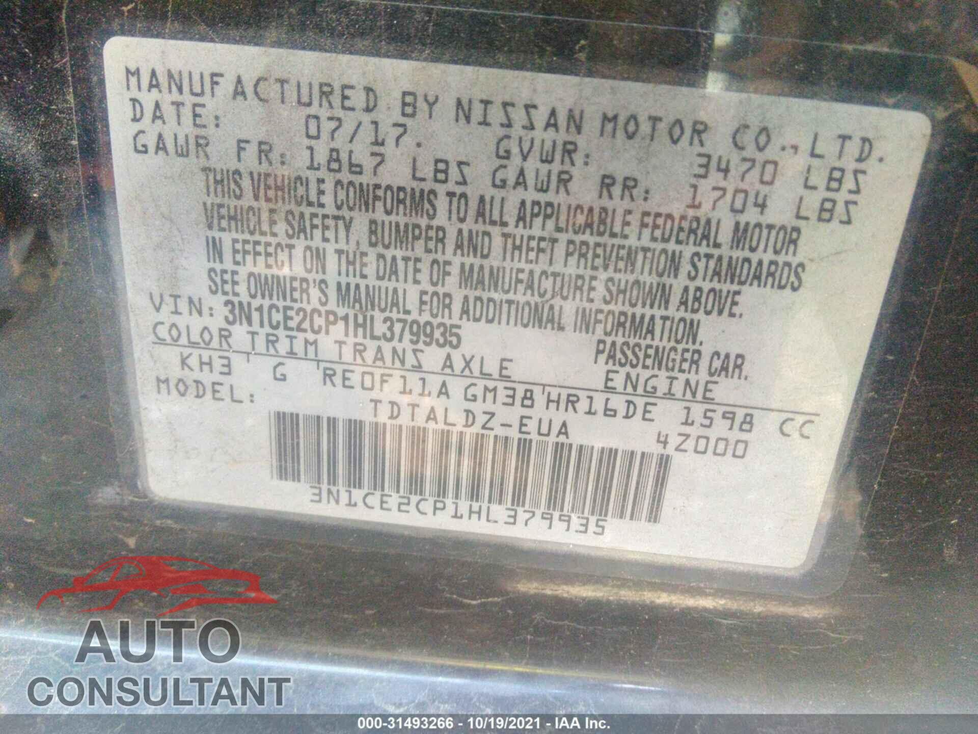 NISSAN VERSA NOTE 2017 - 3N1CE2CP1HL379935