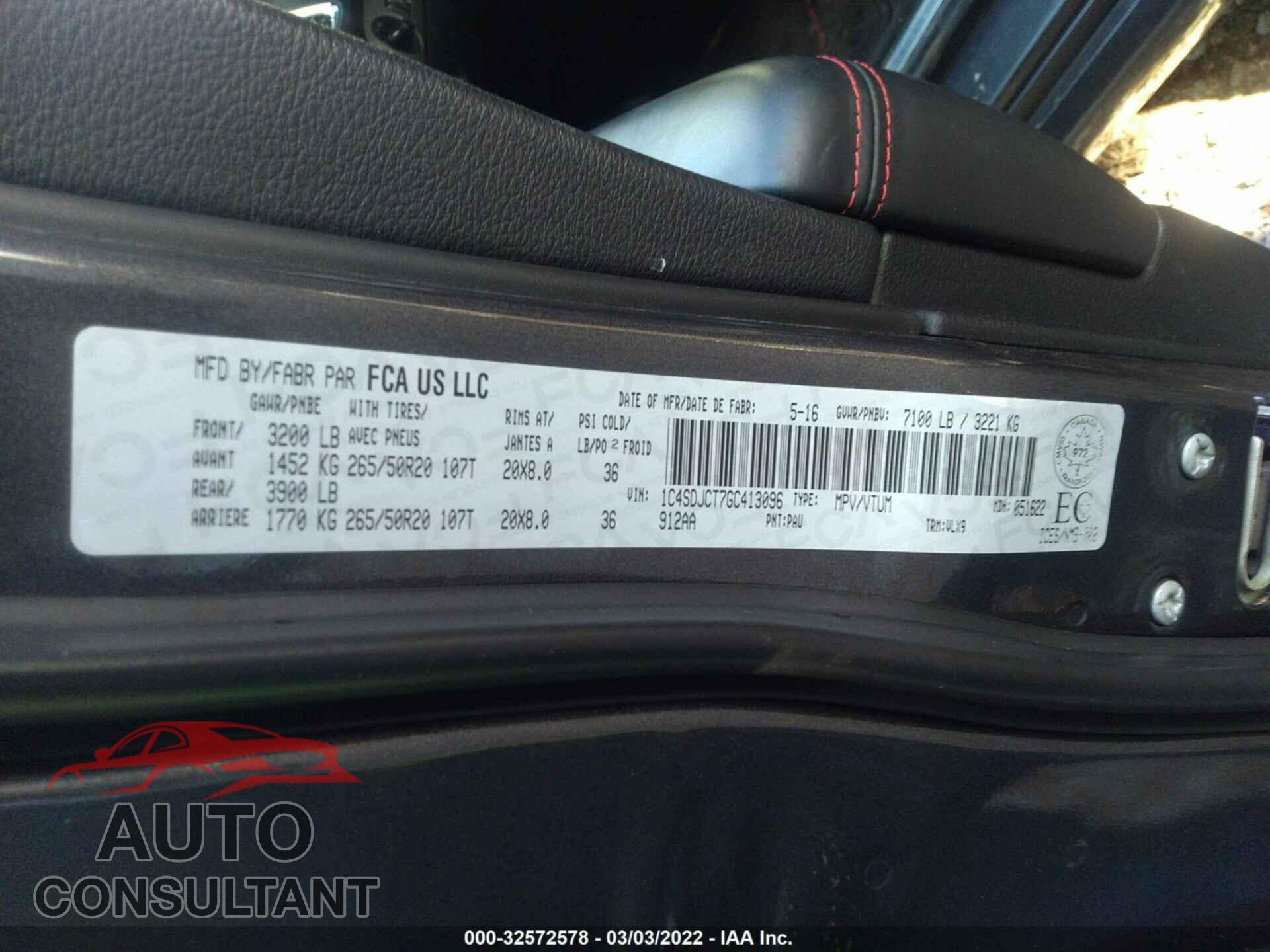 DODGE DURANGO 2016 - 1C4SDJCT7GC413096