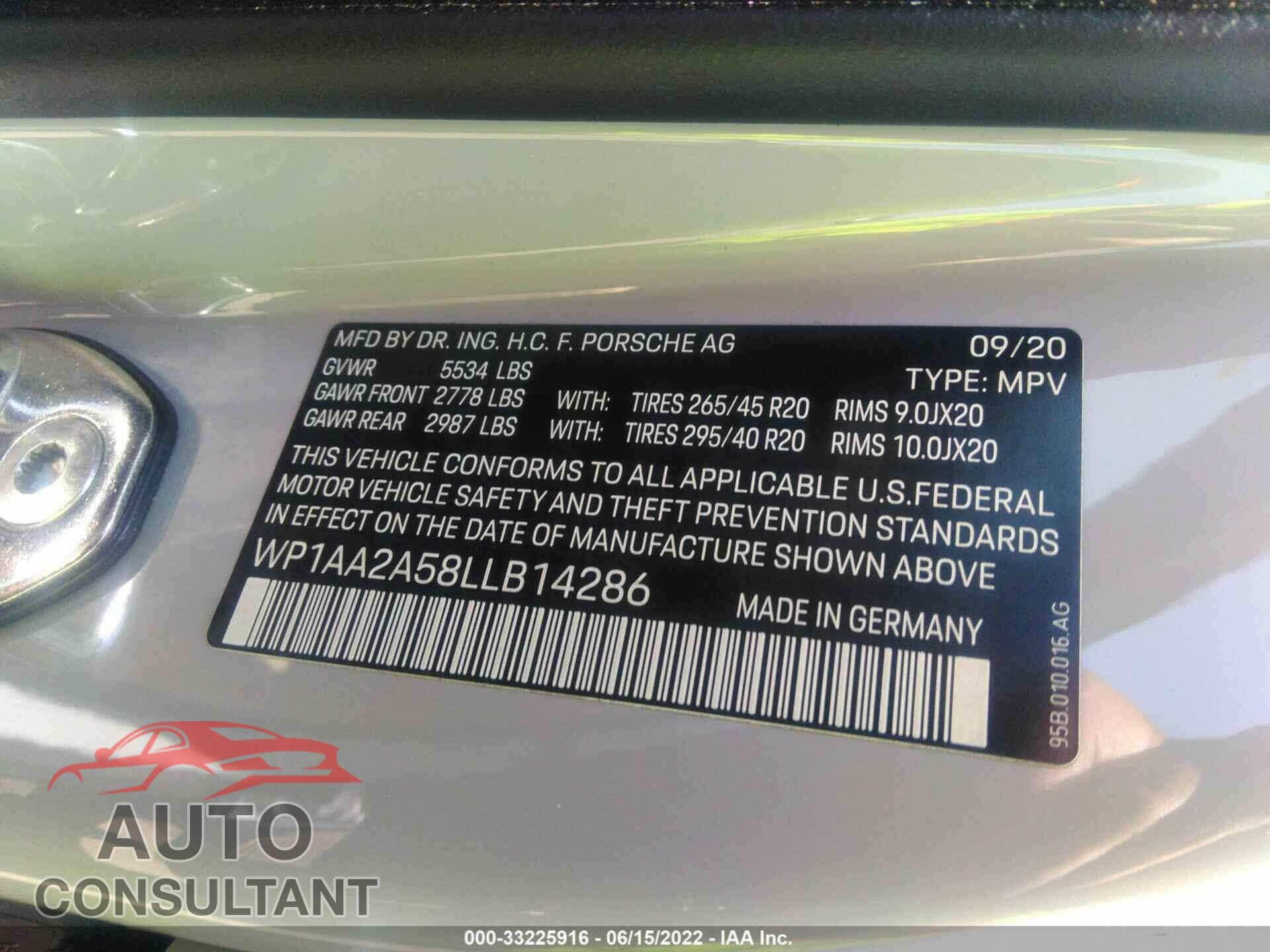 PORSCHE MACAN 2020 - WP1AA2A58LLB14286
