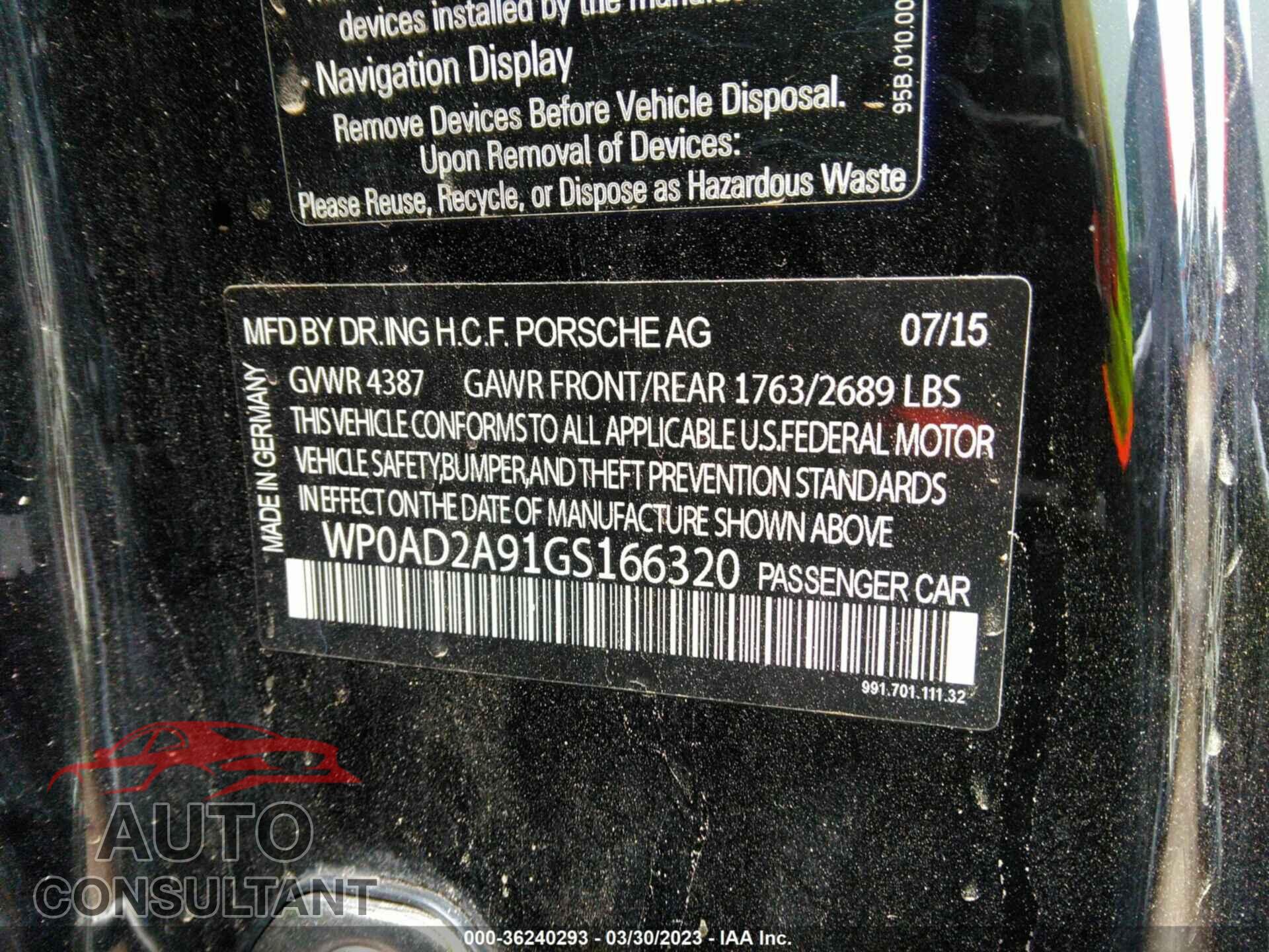 PORSCHE 911 2016 - WP0AD2A91GS166320