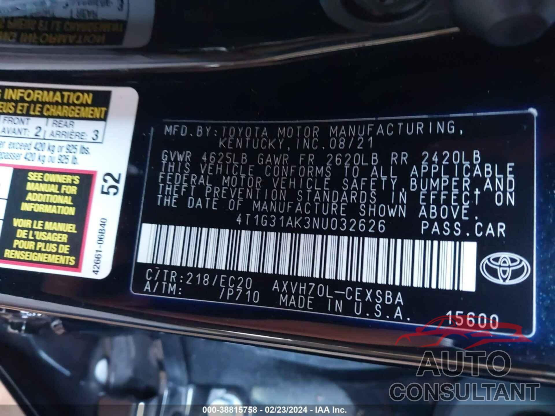 TOYOTA CAMRY 2022 - 4T1G31AK3NU032626