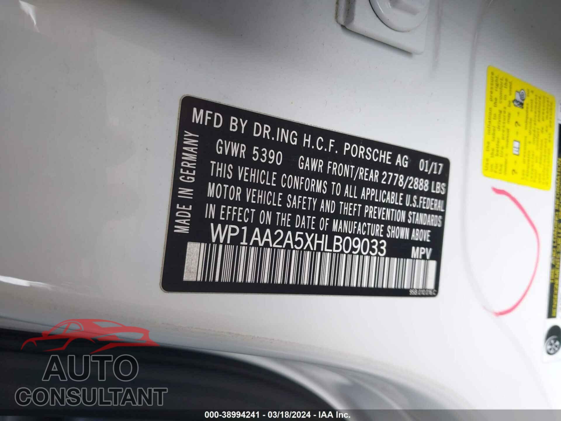 PORSCHE MACAN 2017 - WP1AA2A5XHLB09033