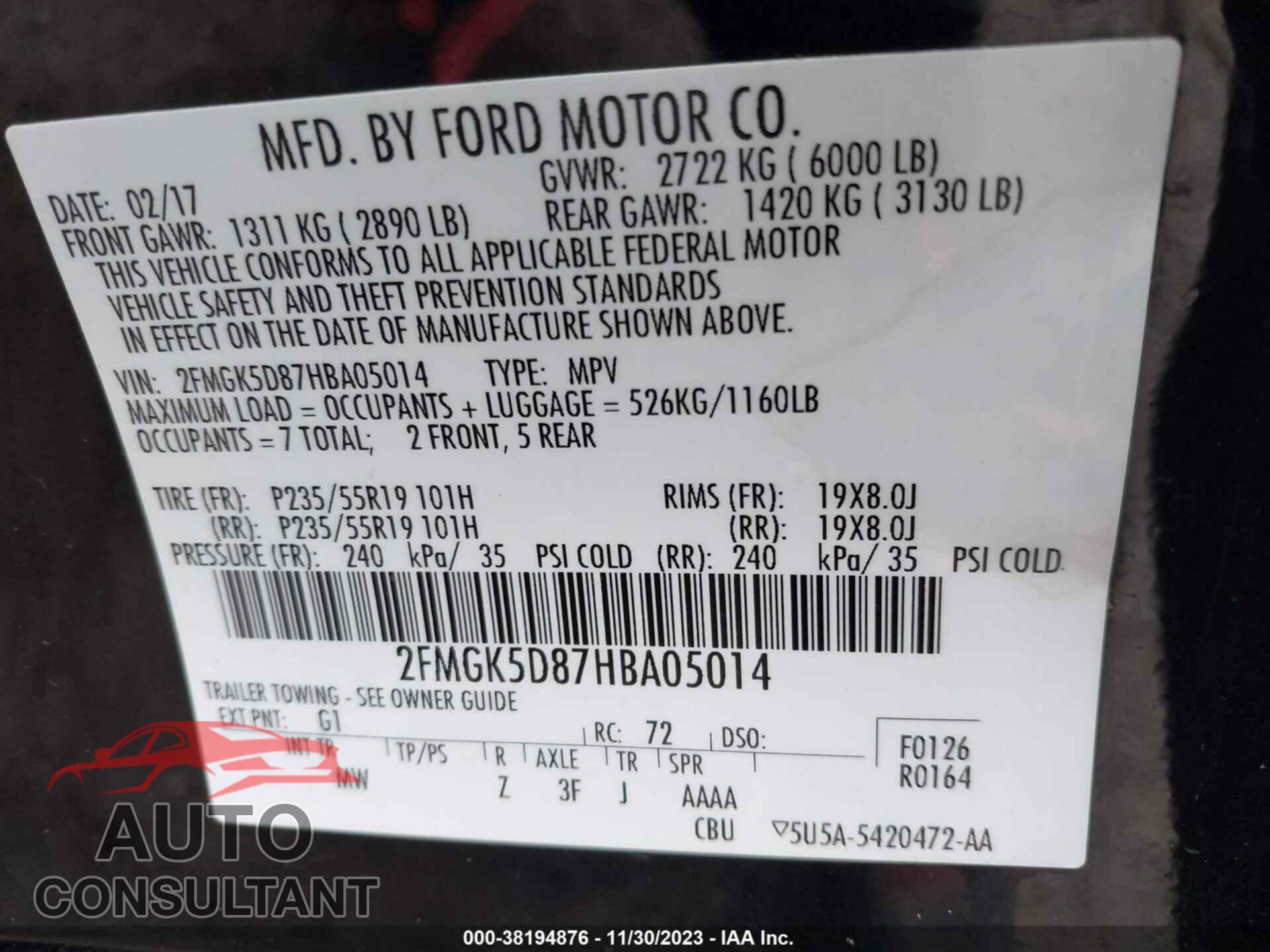 FORD FLEX 2017 - 2FMGK5D87HBA05014