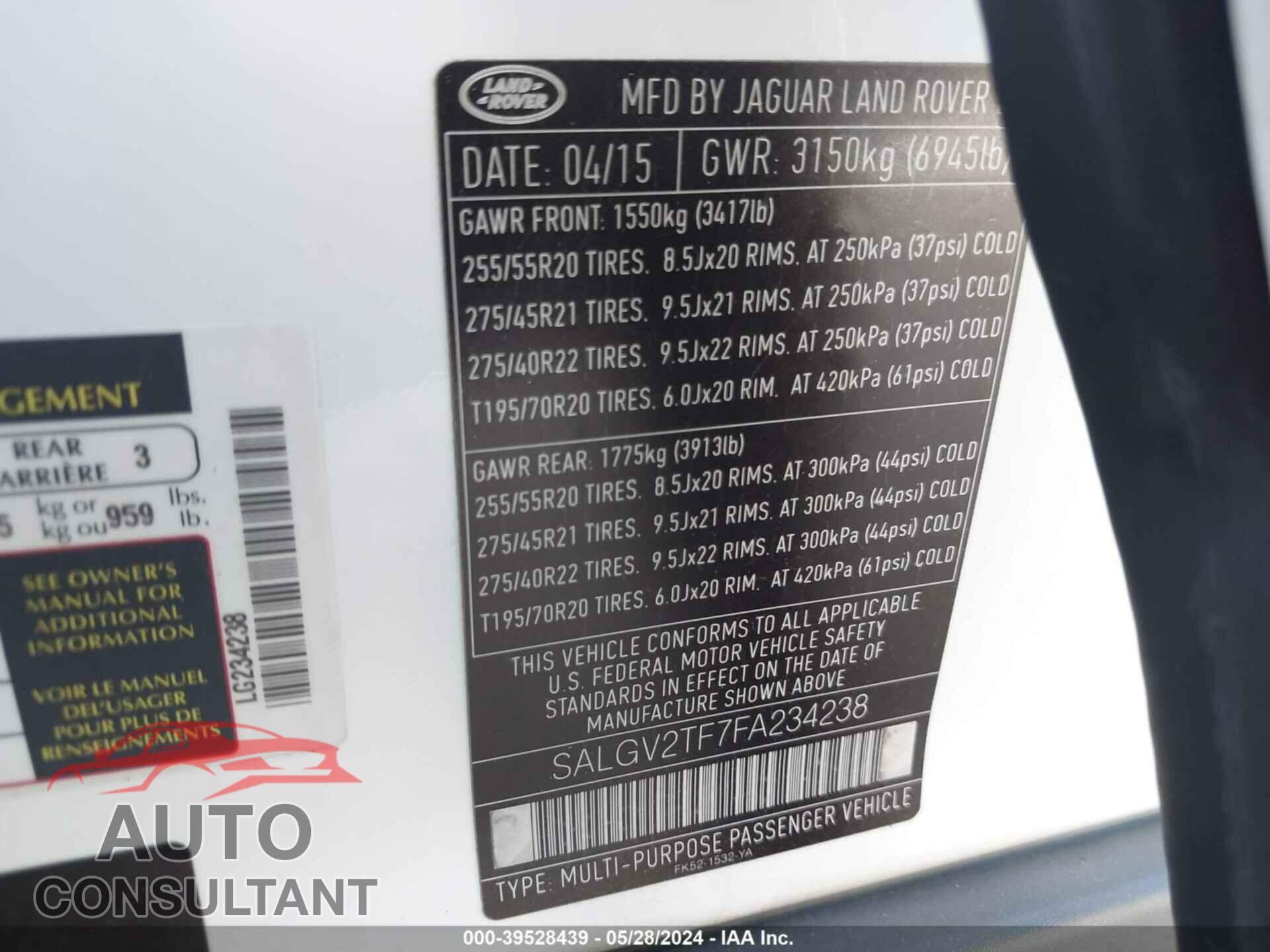 LAND ROVER RANGE ROVER 2015 - SALGV2TF7FA234238