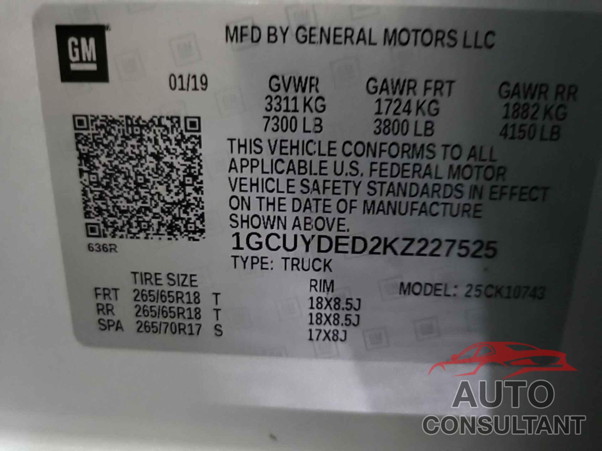 CHEVROLET SILVERADO 2019 - 1GCUYDED2KZ227525