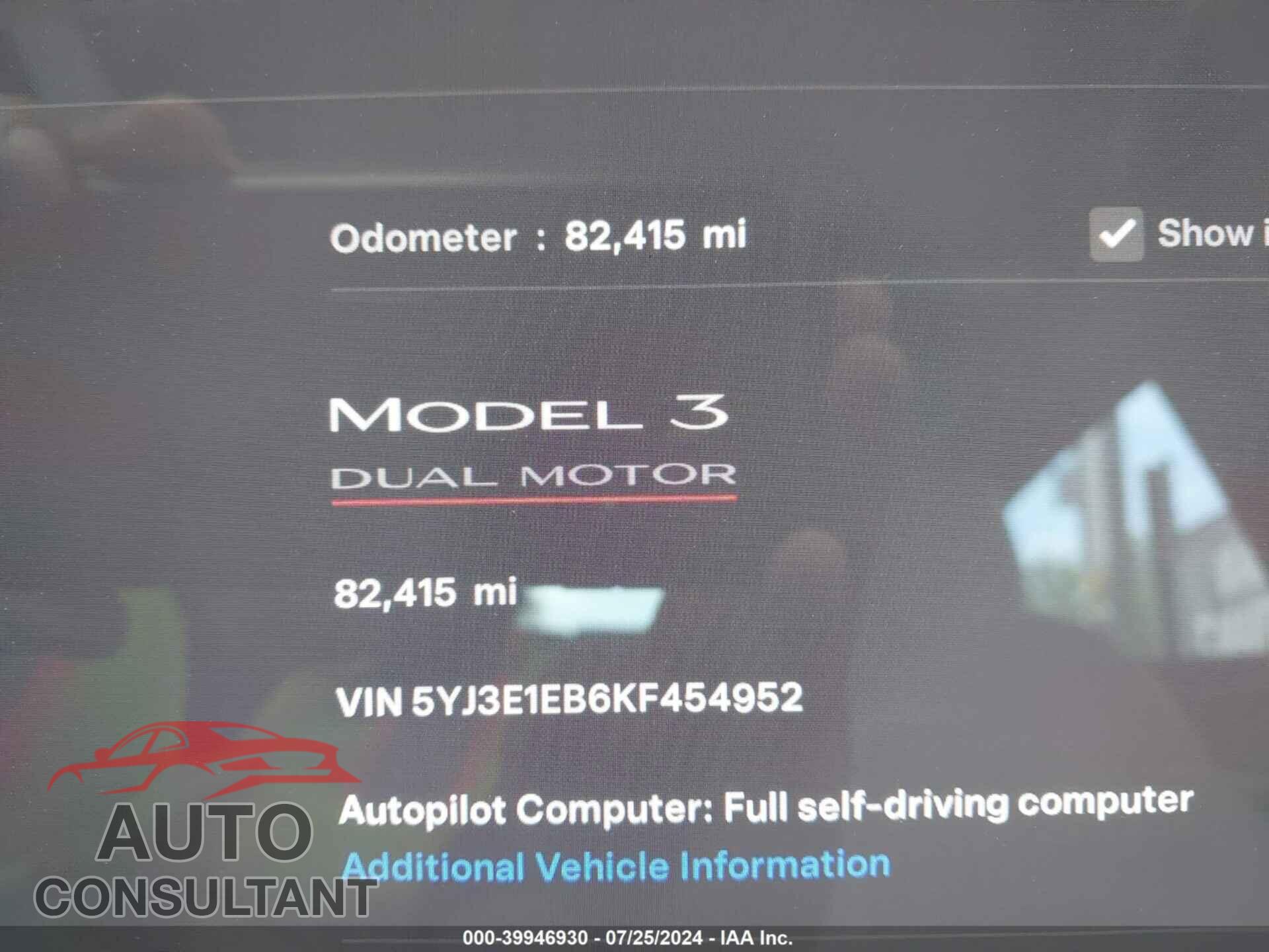 TESLA MODEL 3 2019 - 5YJ3E1EB6KF454952
