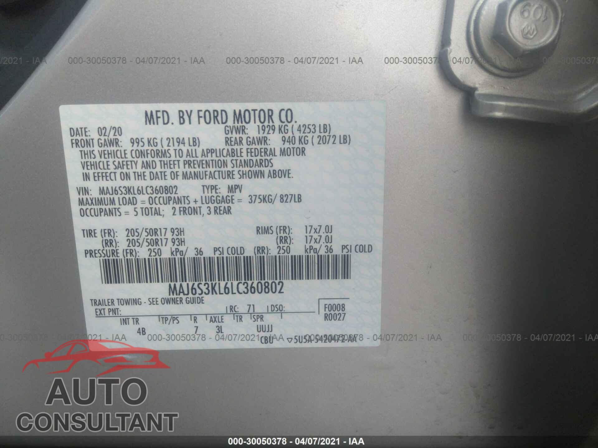 FORD ECOSPORT 2020 - MAJ6S3KL6LC360802