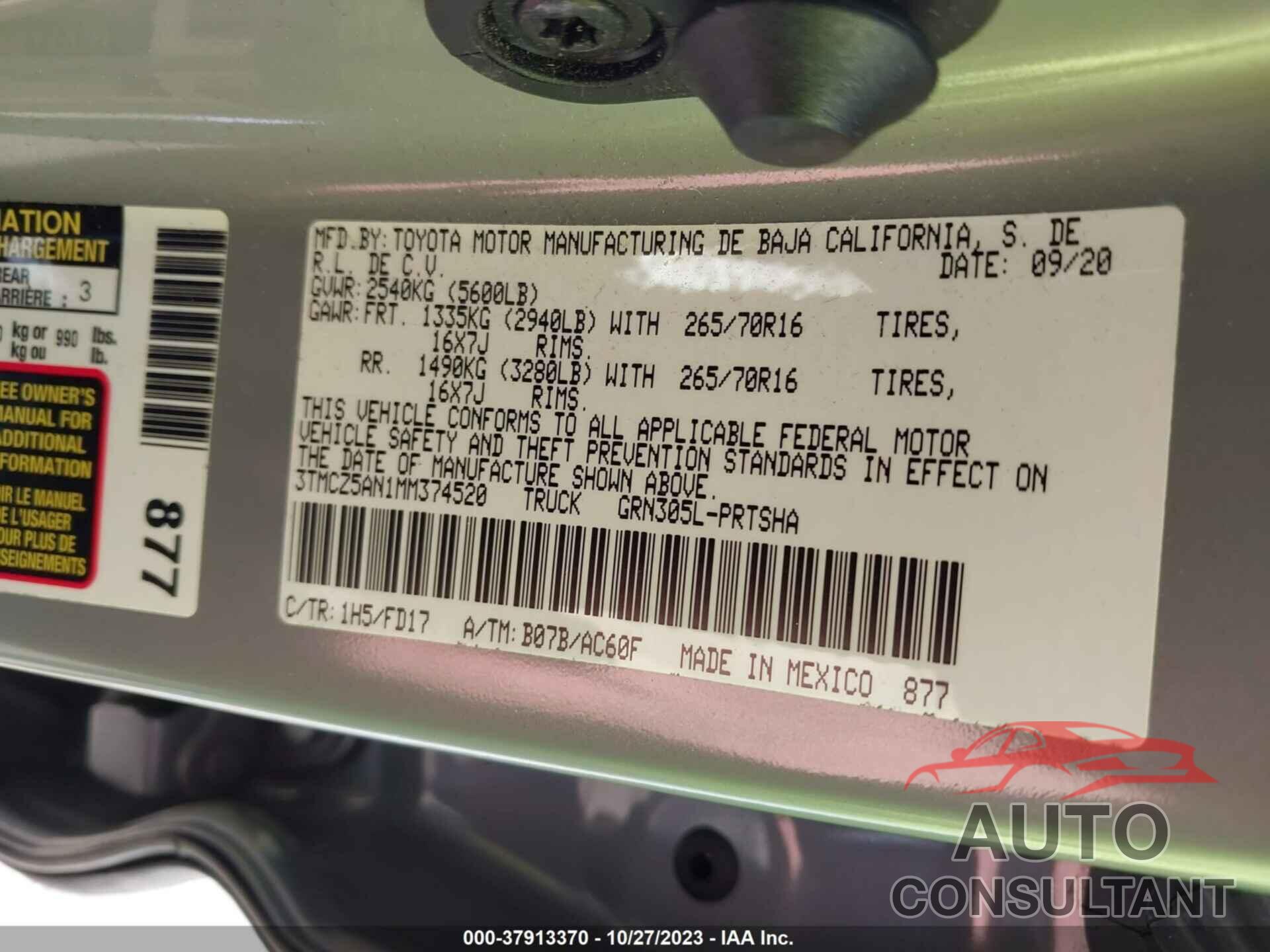 TOYOTA TACOMA 4WD 2021 - 3TMCZ5AN1MM374520