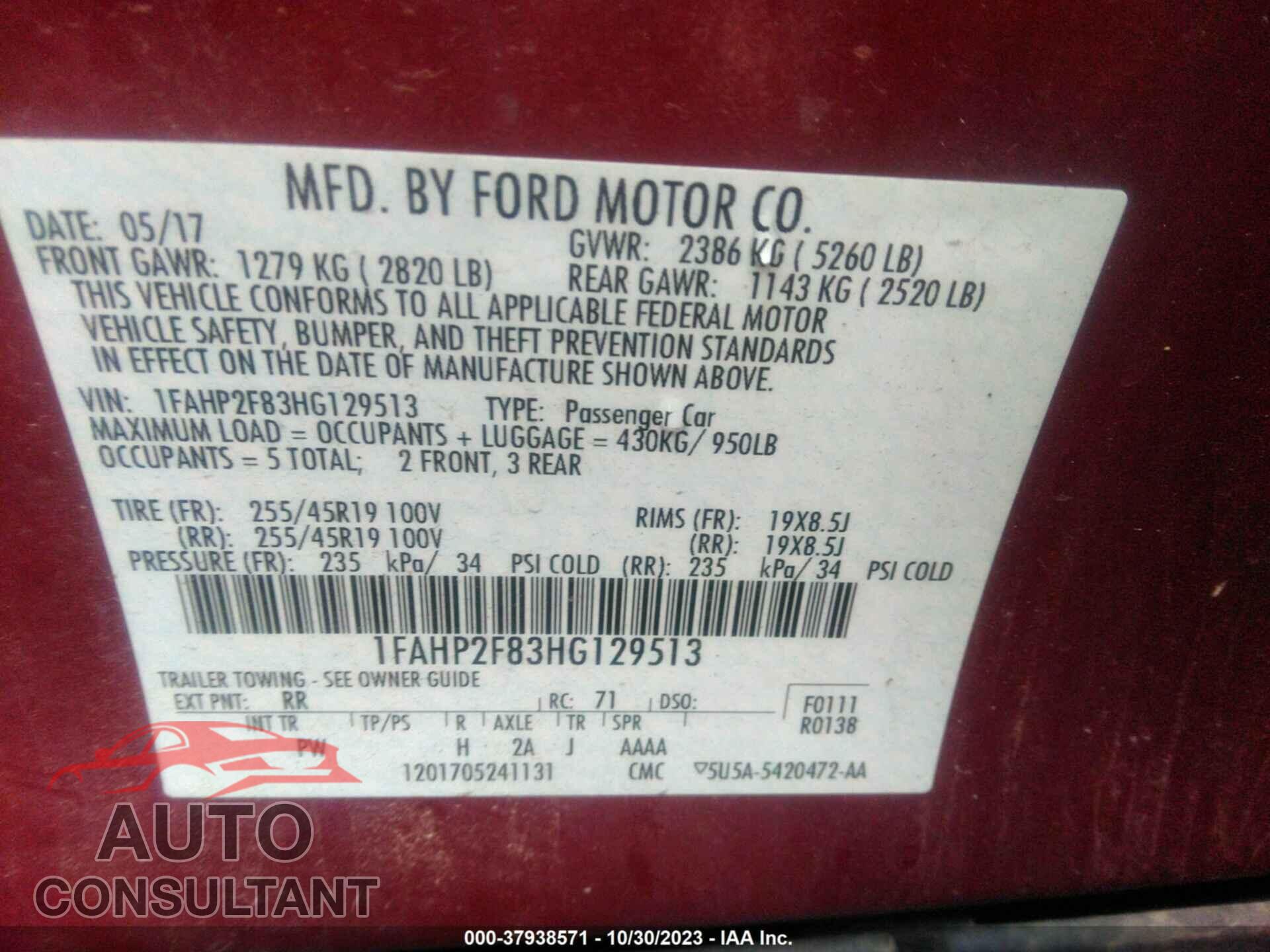 FORD TAURUS 2017 - 1FAHP2F83HG129513