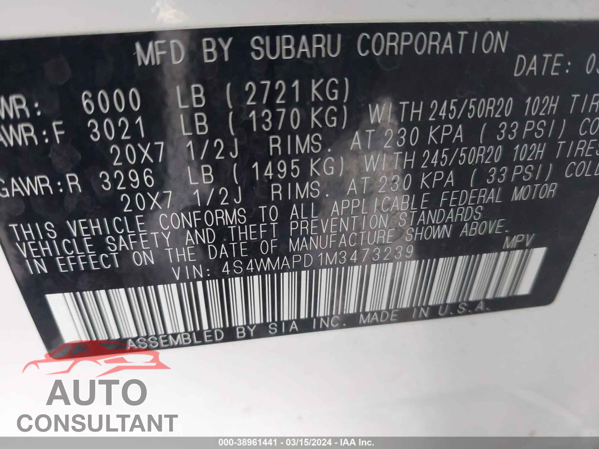 SUBARU ASCENT 2021 - 4S4WMAPD1M3473239