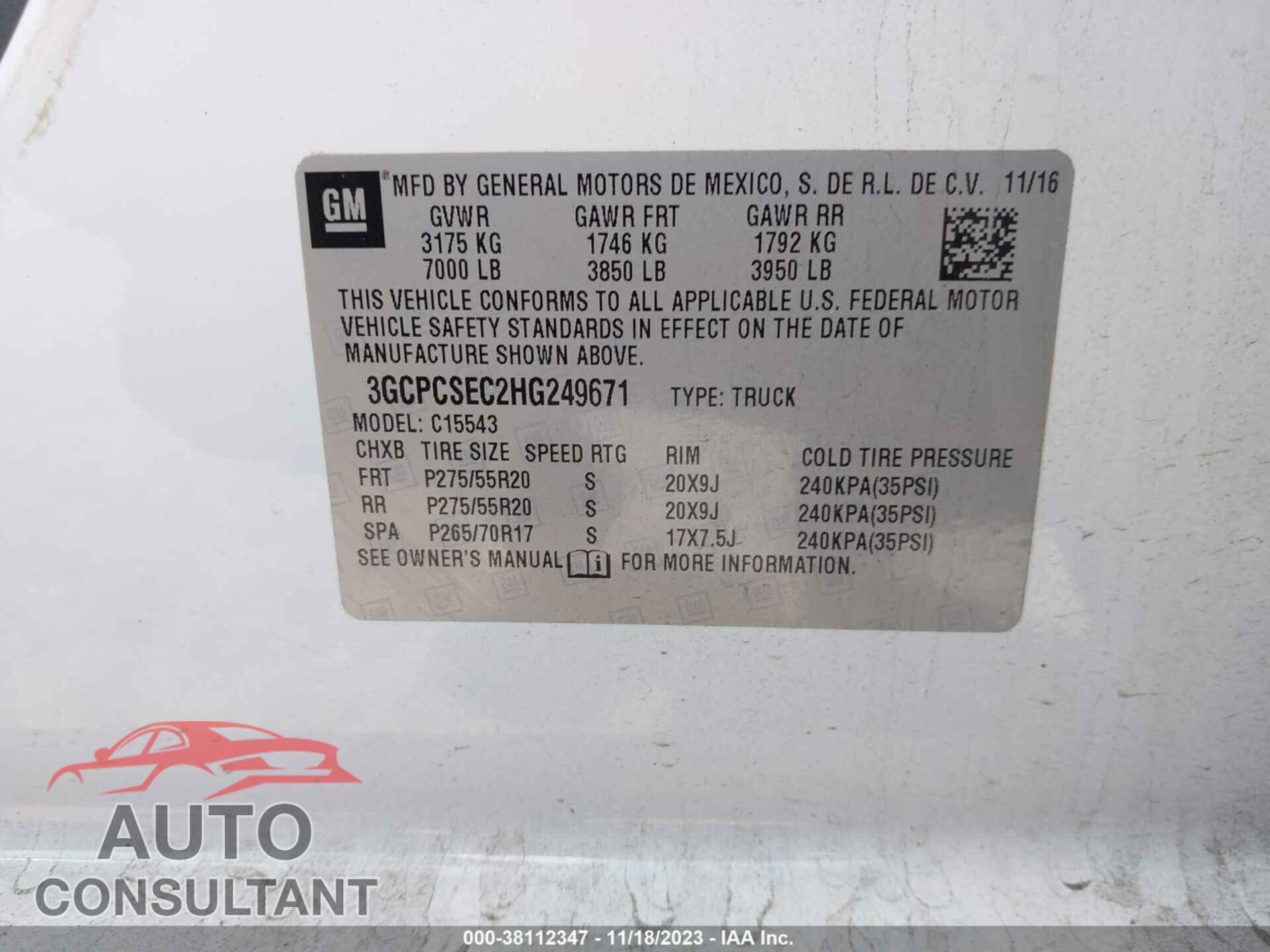 CHEVROLET SILVERADO 1500 2017 - 3GCPCSEC2HG249671