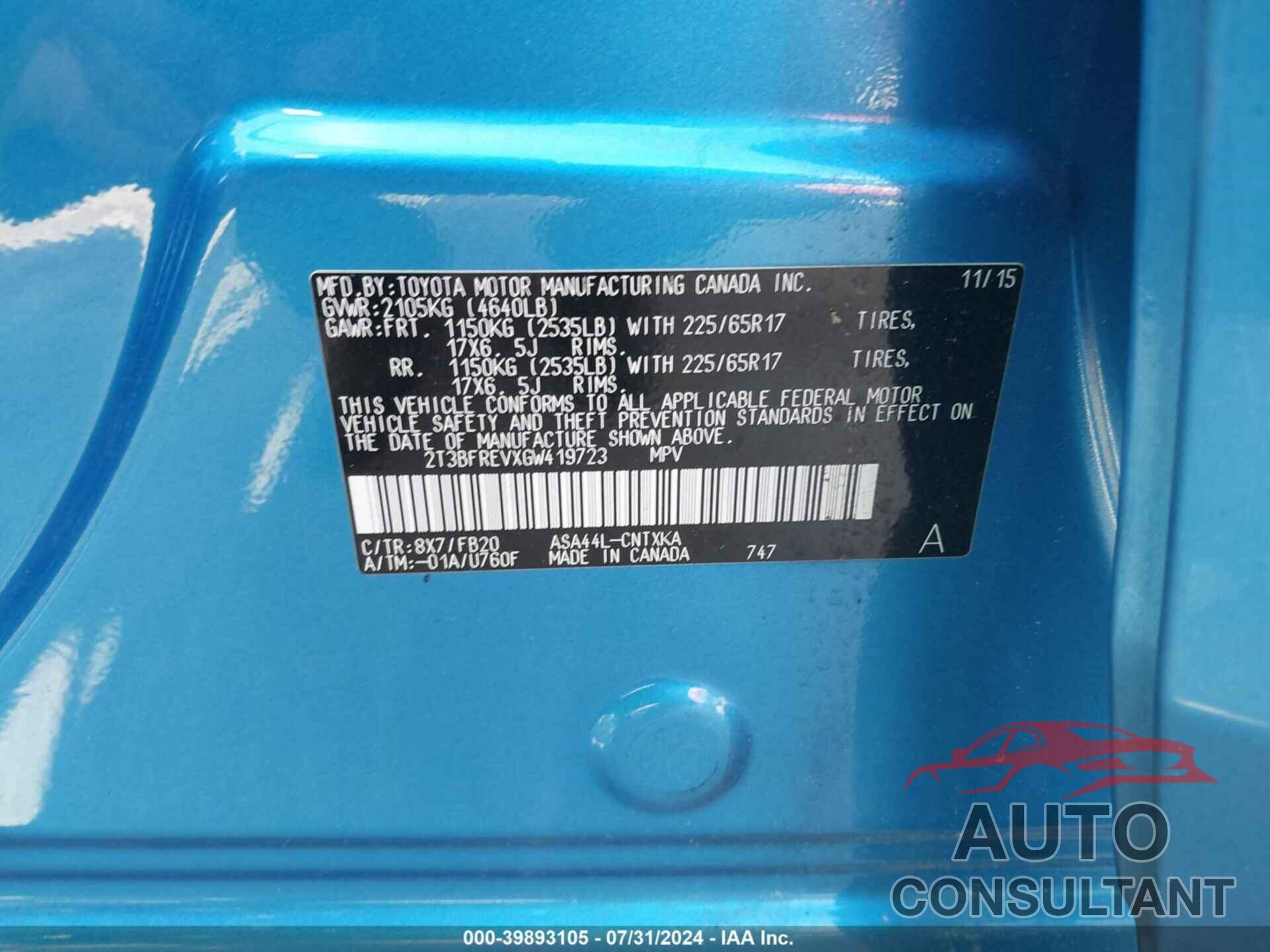 TOYOTA RAV4 2016 - 2T3BFREVXGW419723
