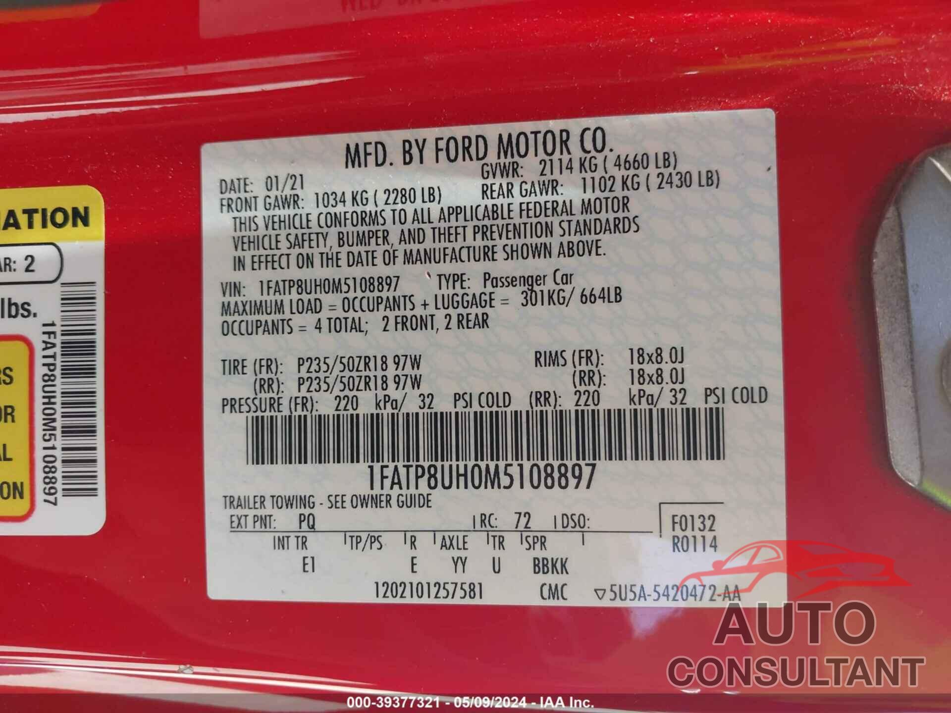 FORD MUSTANG 2021 - 1FATP8UH0M5108897