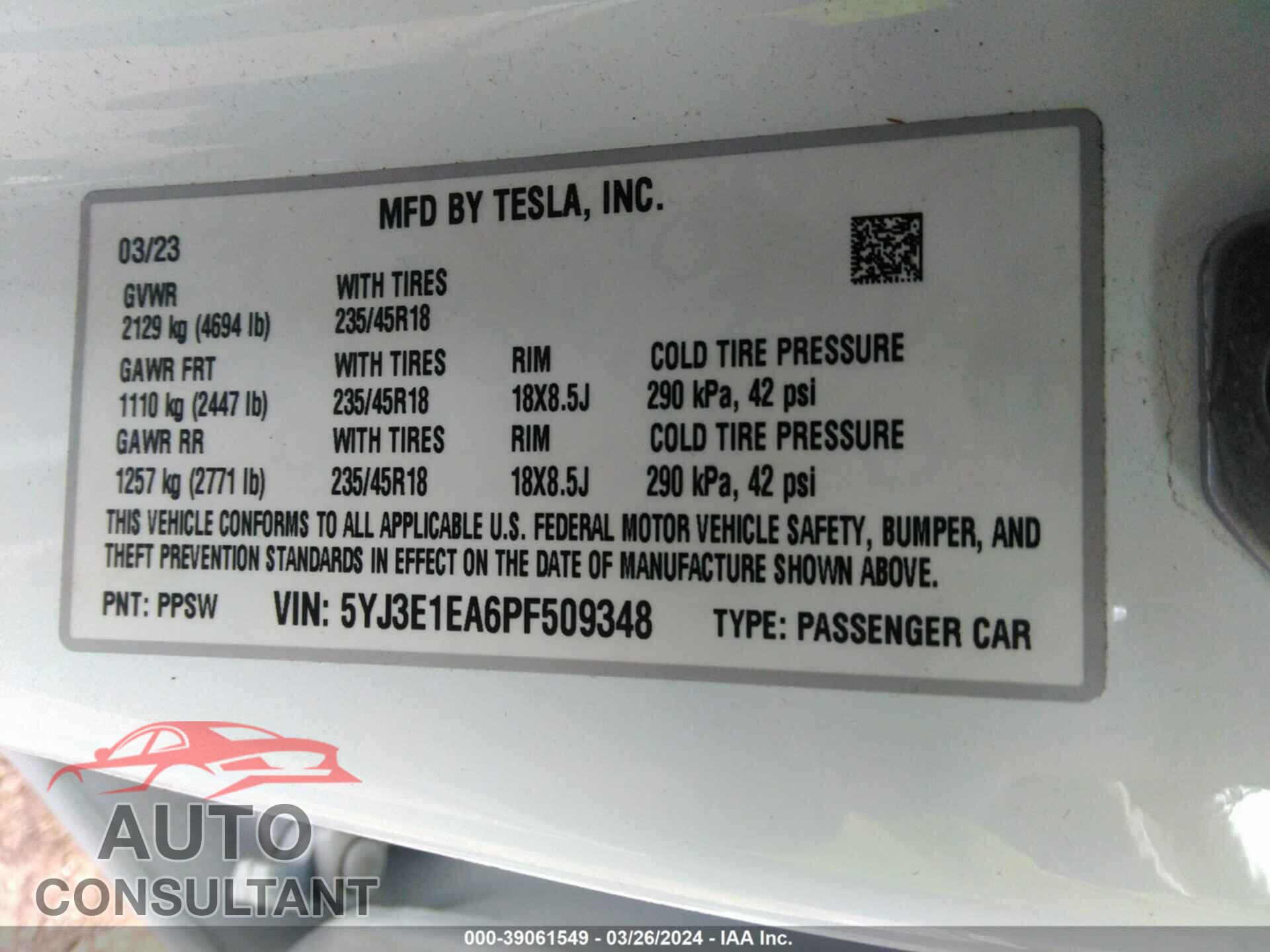 TESLA MODEL 3 2023 - 5YJ3E1EA6PF509348