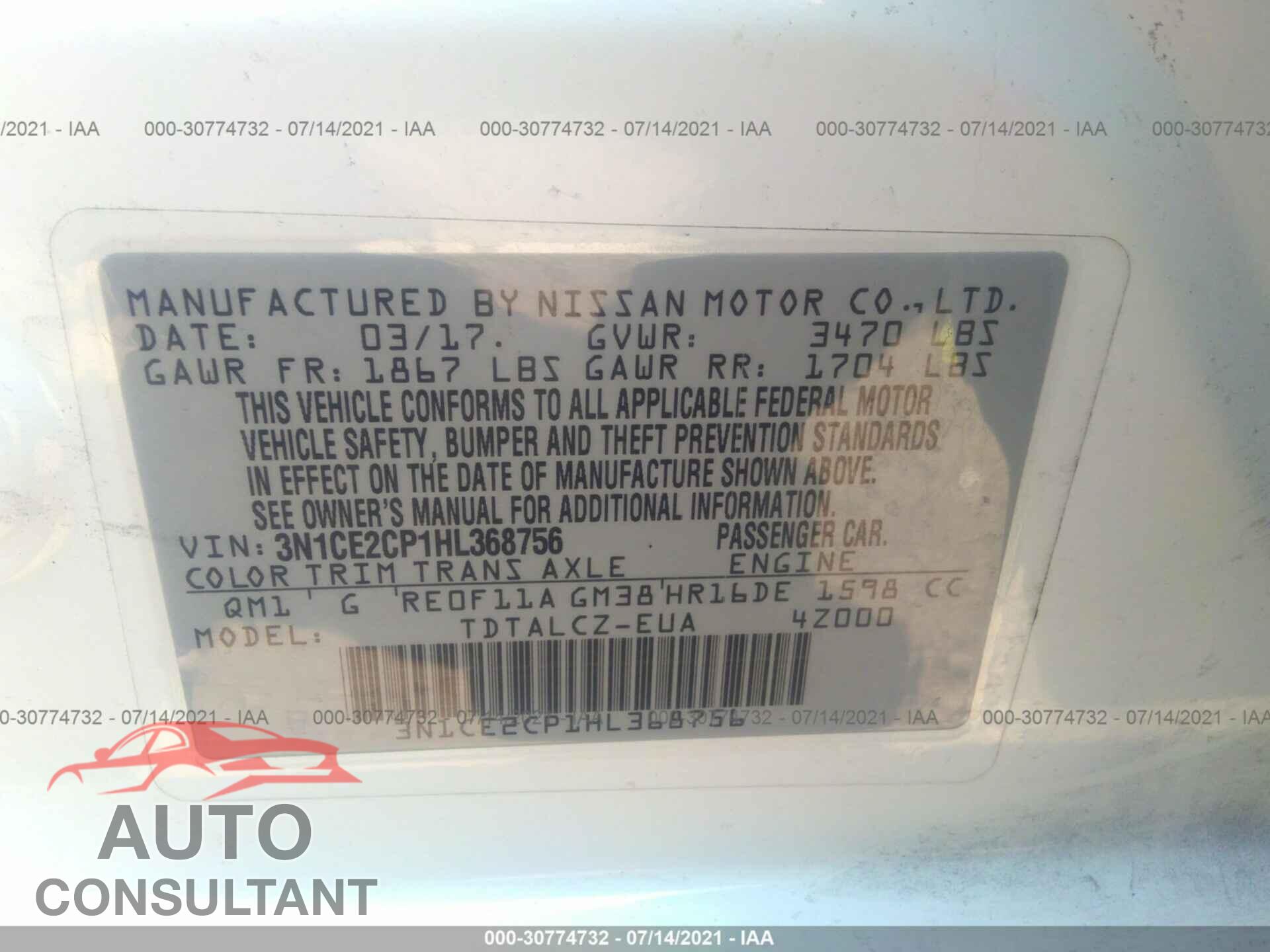NISSAN VERSA NOTE 2017 - 3N1CE2CP1HL368756