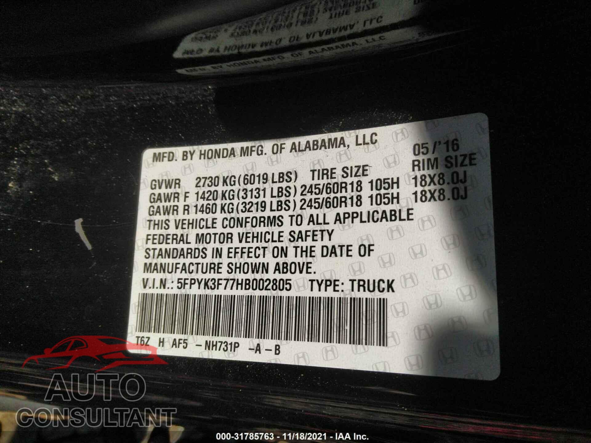 HONDA RIDGELINE 2017 - 5FPYK3F77HB002805