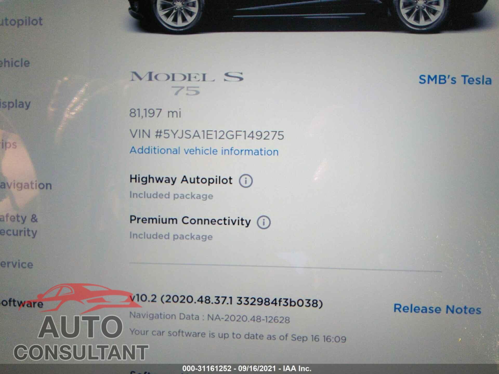 TESLA MODEL S 2016 - 5YJSA1E12GF149275
