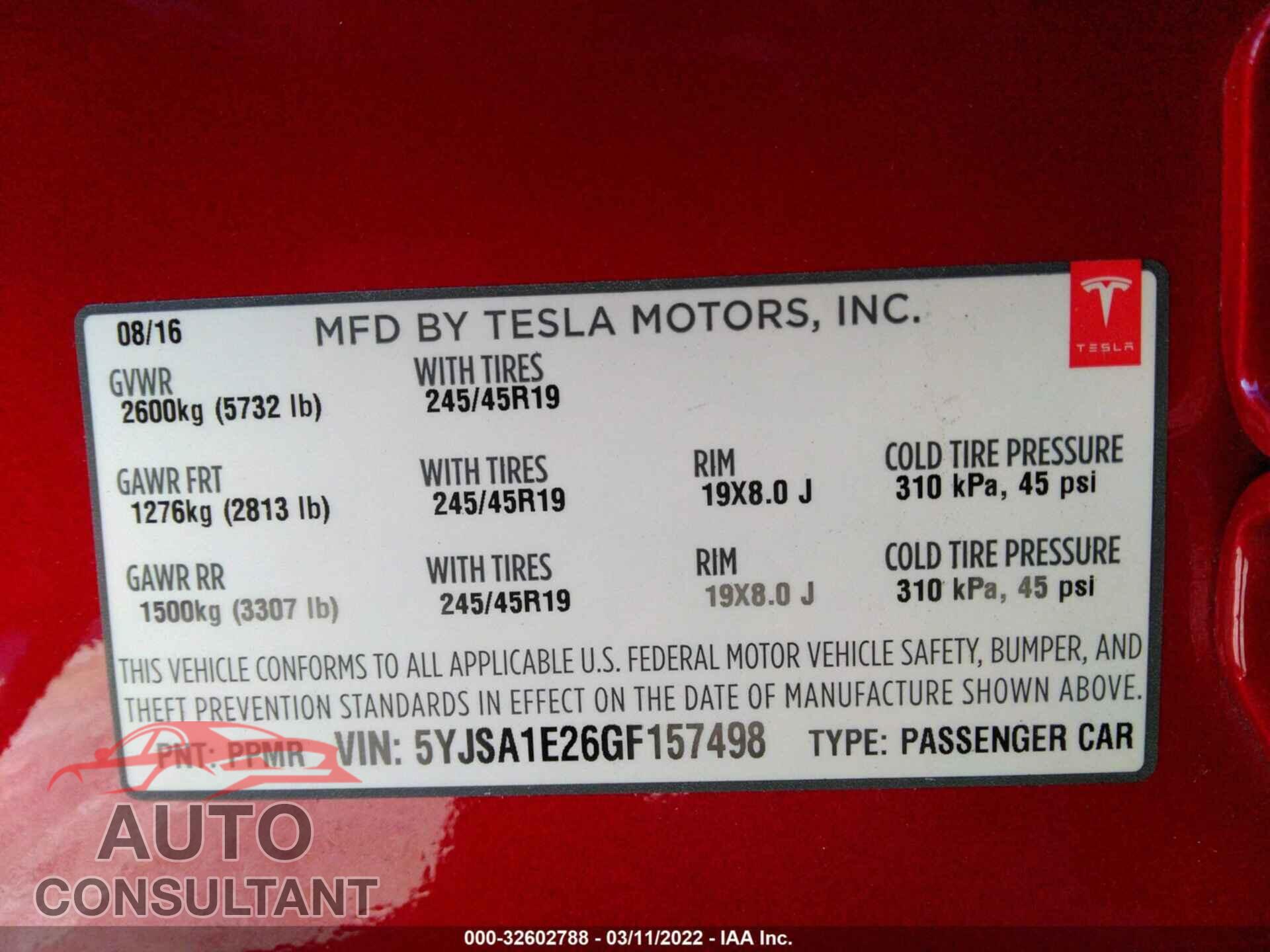 TESLA MODEL S 2016 - 5YJSA1E26GF157498