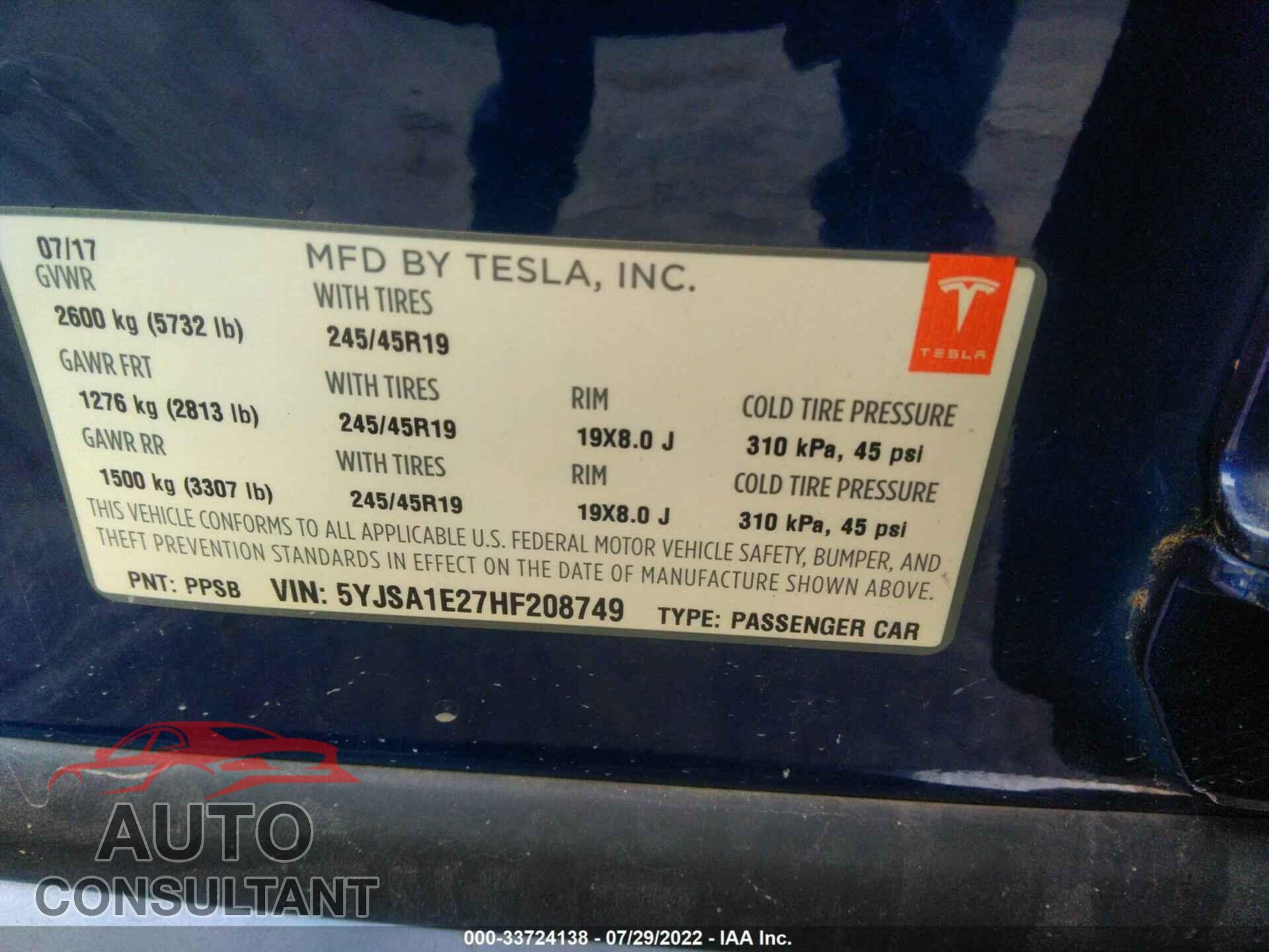 TESLA MODEL S 2017 - 5YJSA1E27HF208749