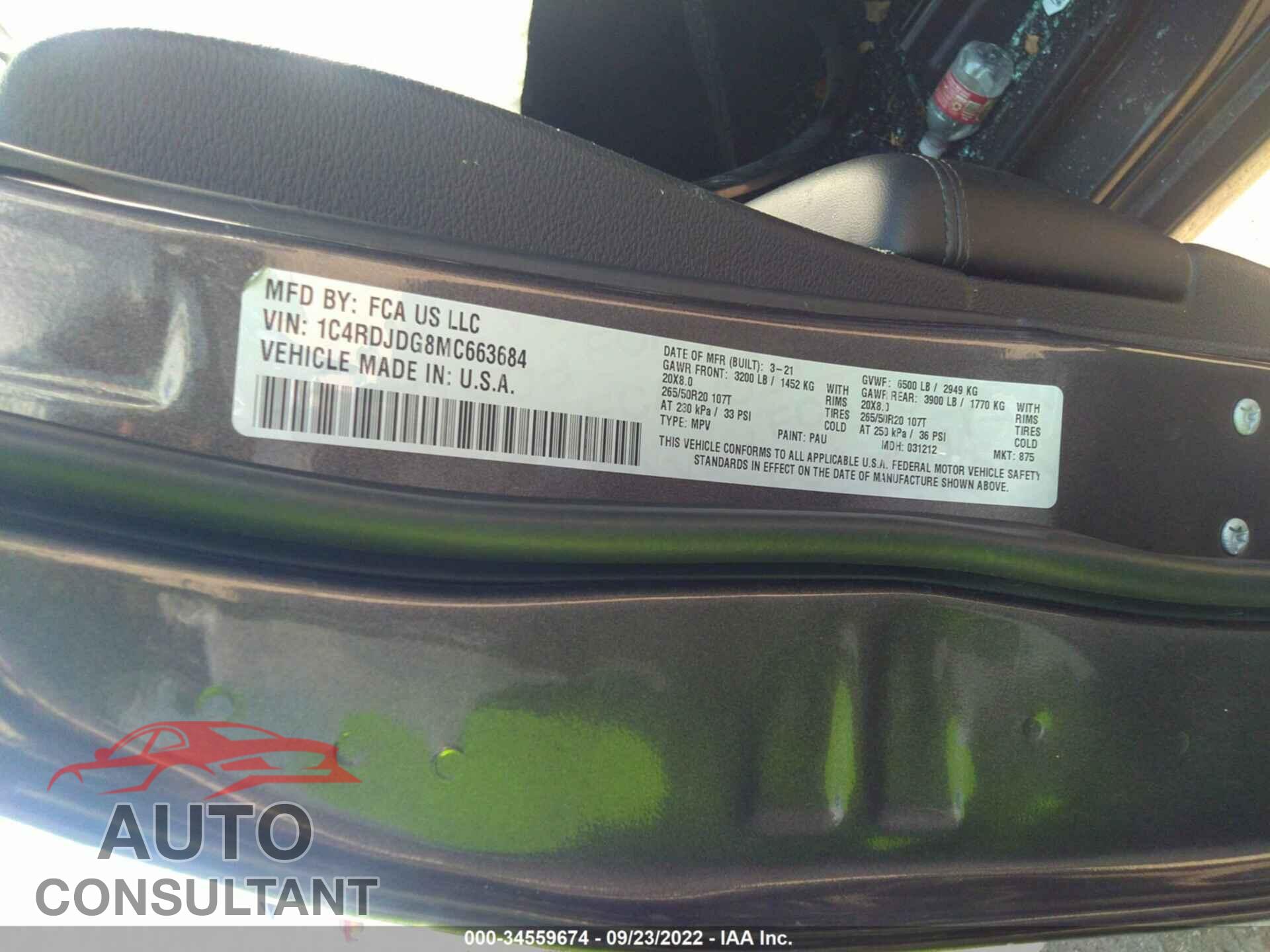 DODGE DURANGO 2021 - 1C4RDJDG8MC663684