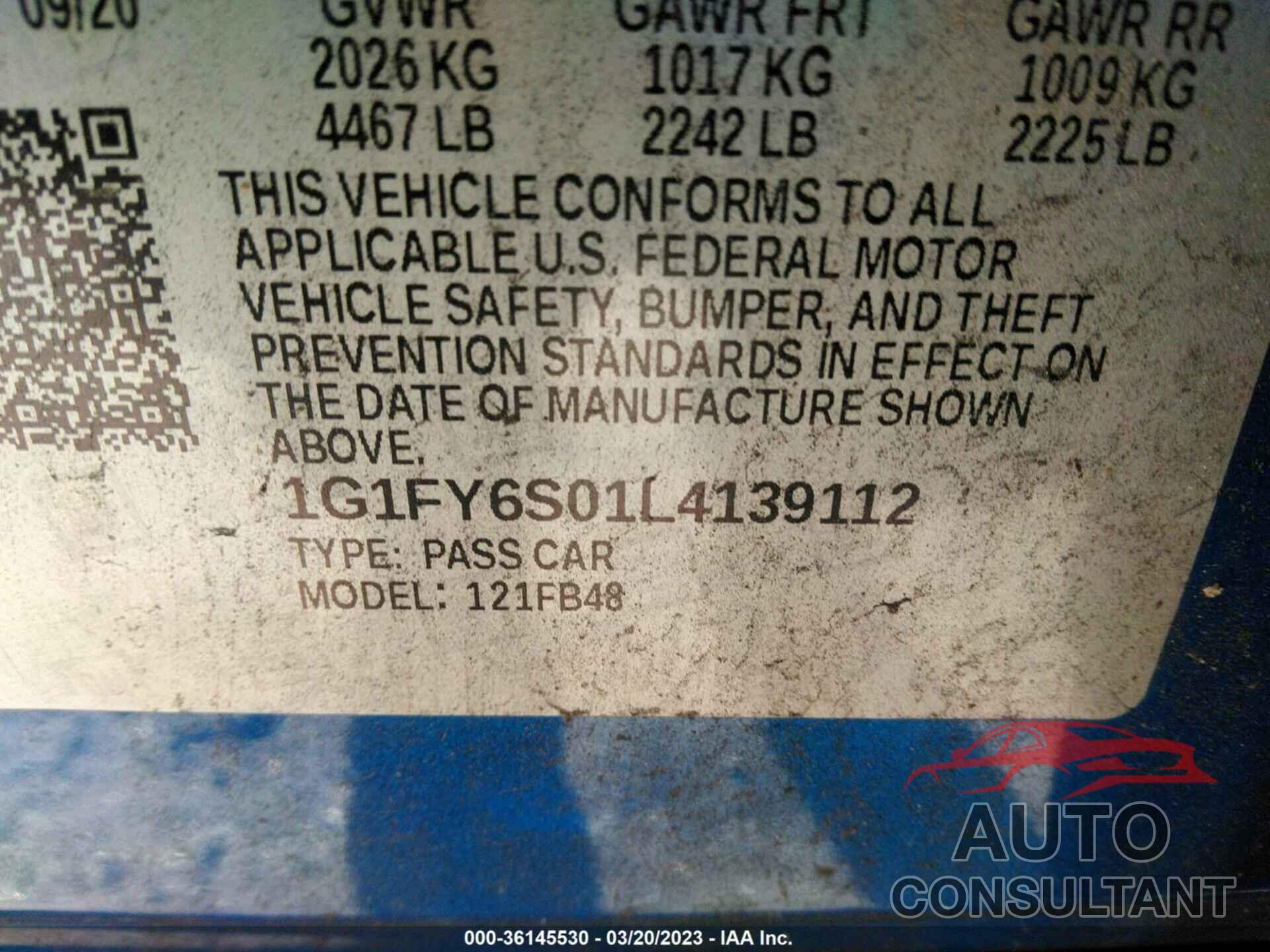 CHEVROLET BOLT EV 2020 - 1G1FY6S01L4139112