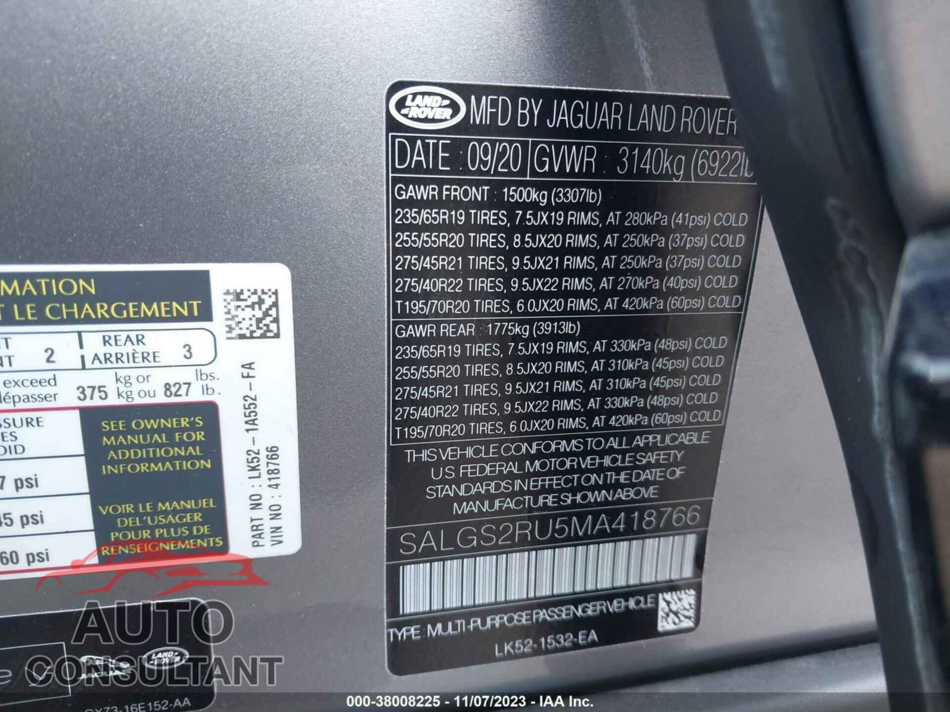 LAND ROVER RANGE ROVER 2021 - SALGS2RU5MA418766