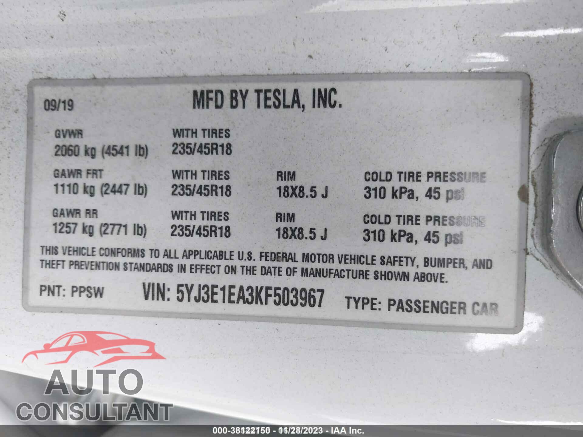 TESLA MODEL 3 2019 - 5YJ3E1EA3KF503967