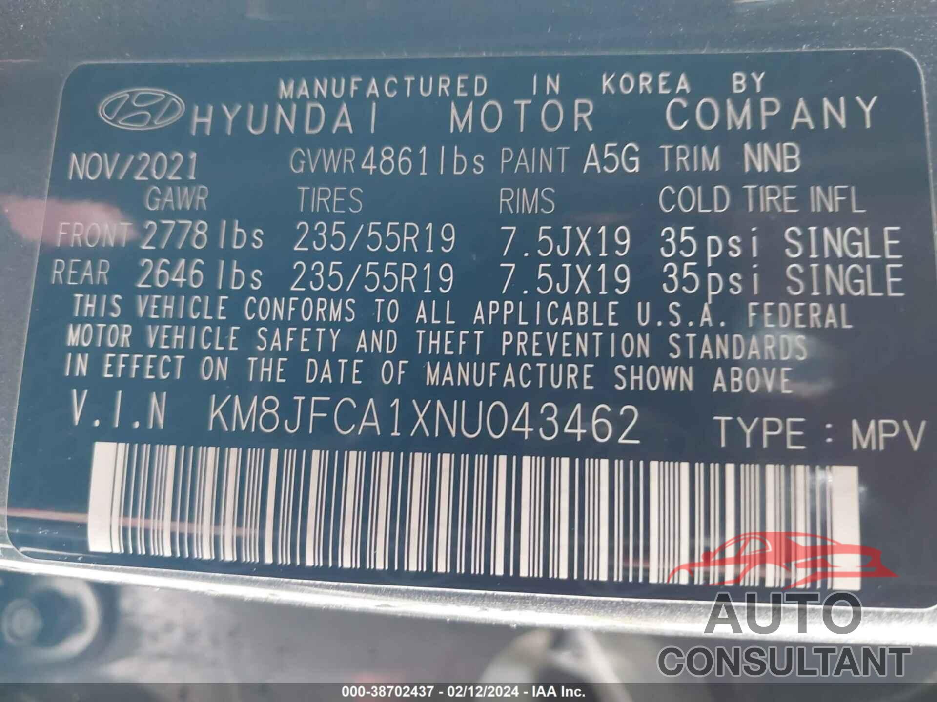 HYUNDAI TUCSON HYBRID 2022 - KM8JFCA1XNU043462