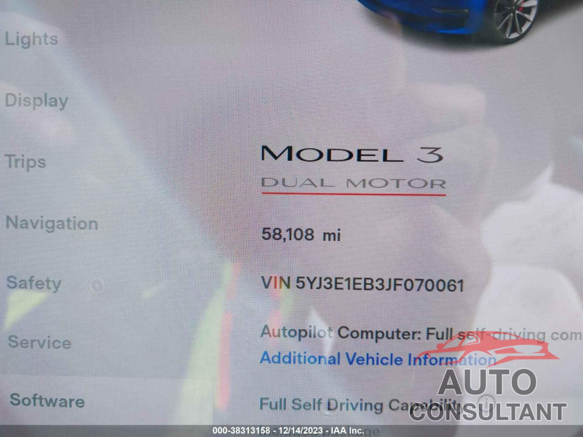 TESLA MODEL 3 2018 - 5YJ3E1EB3JF070061