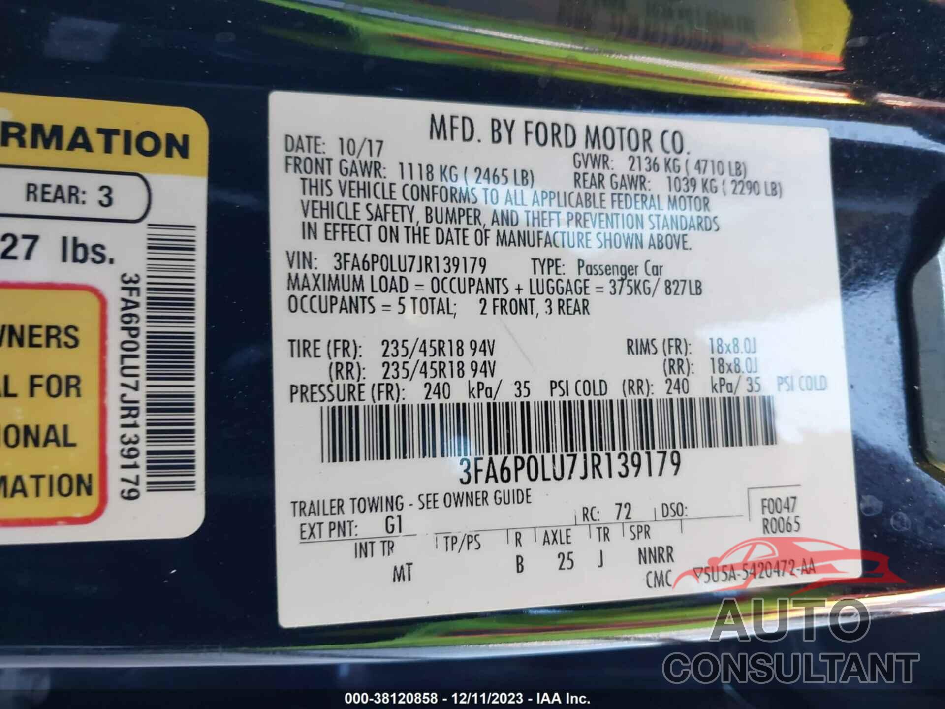 FORD FUSION HYBRID 2018 - 3FA6P0LU7JR139179