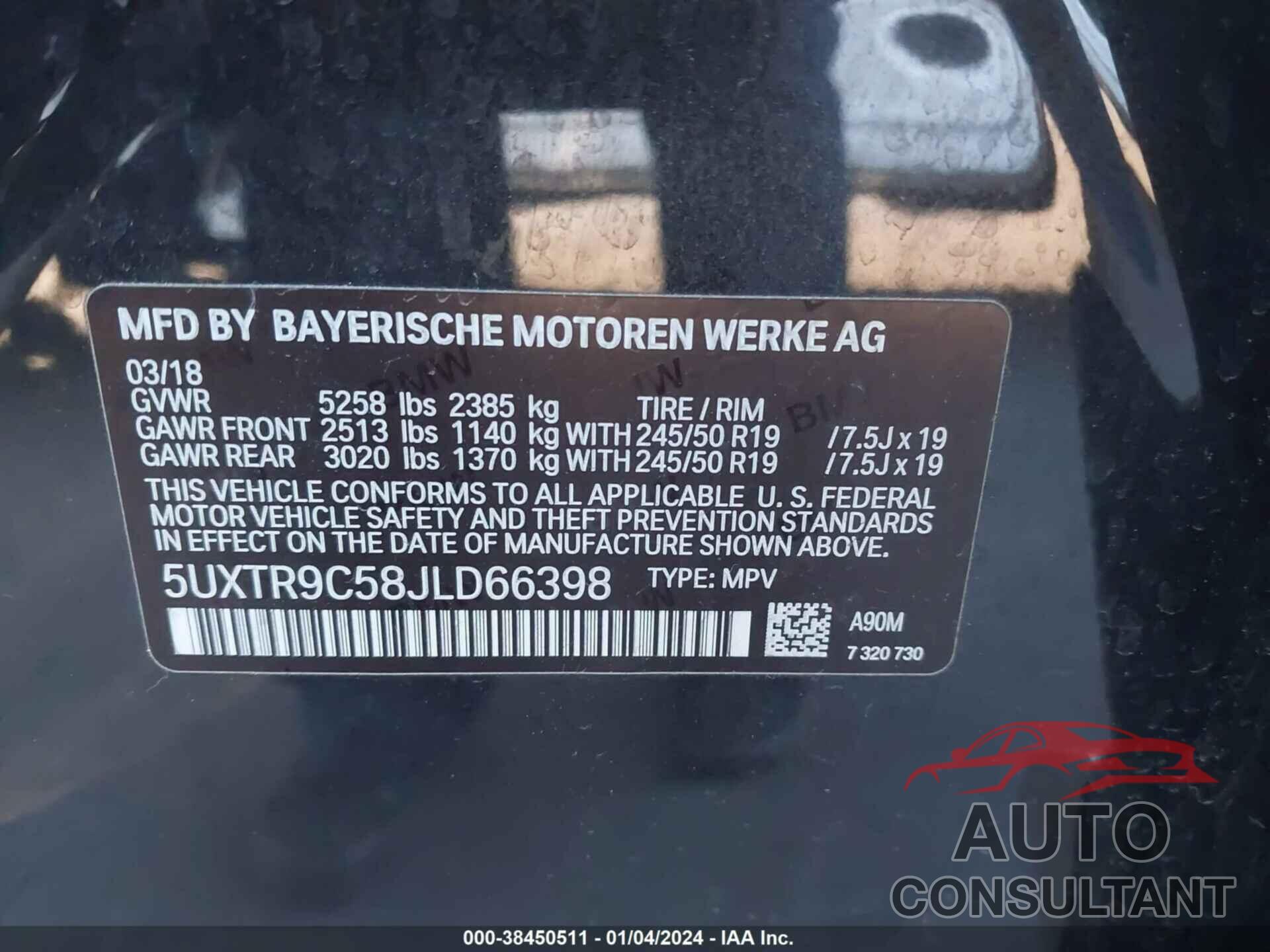 BMW X3 2018 - 5UXTR9C58JLD66398
