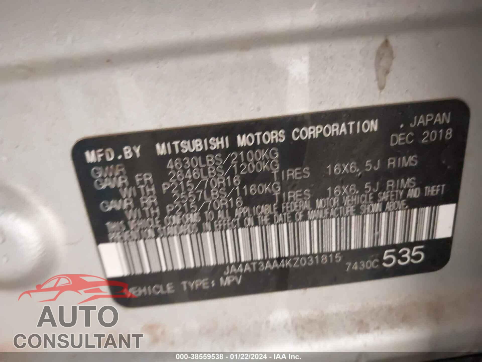 MITSUBISHI ECLIPSE CROSS 2019 - JA4AT3AA4KZ031815