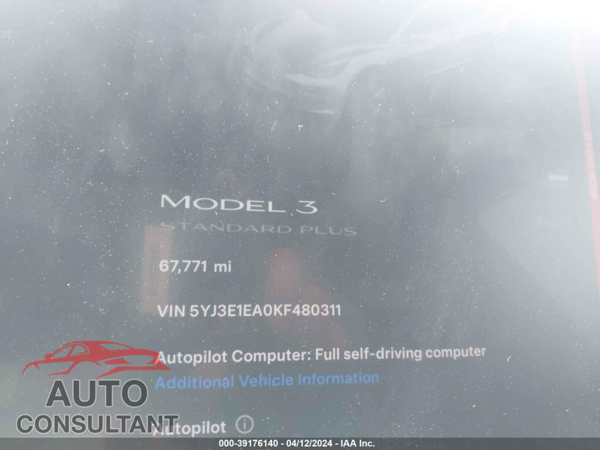 TESLA MODEL 3 2019 - 5YJ3E1EA0KF480311