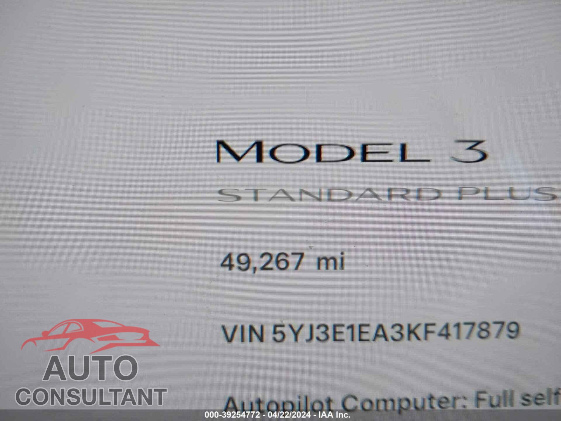 TESLA MODEL 3 2019 - 5YJ3E1EA3KF417879