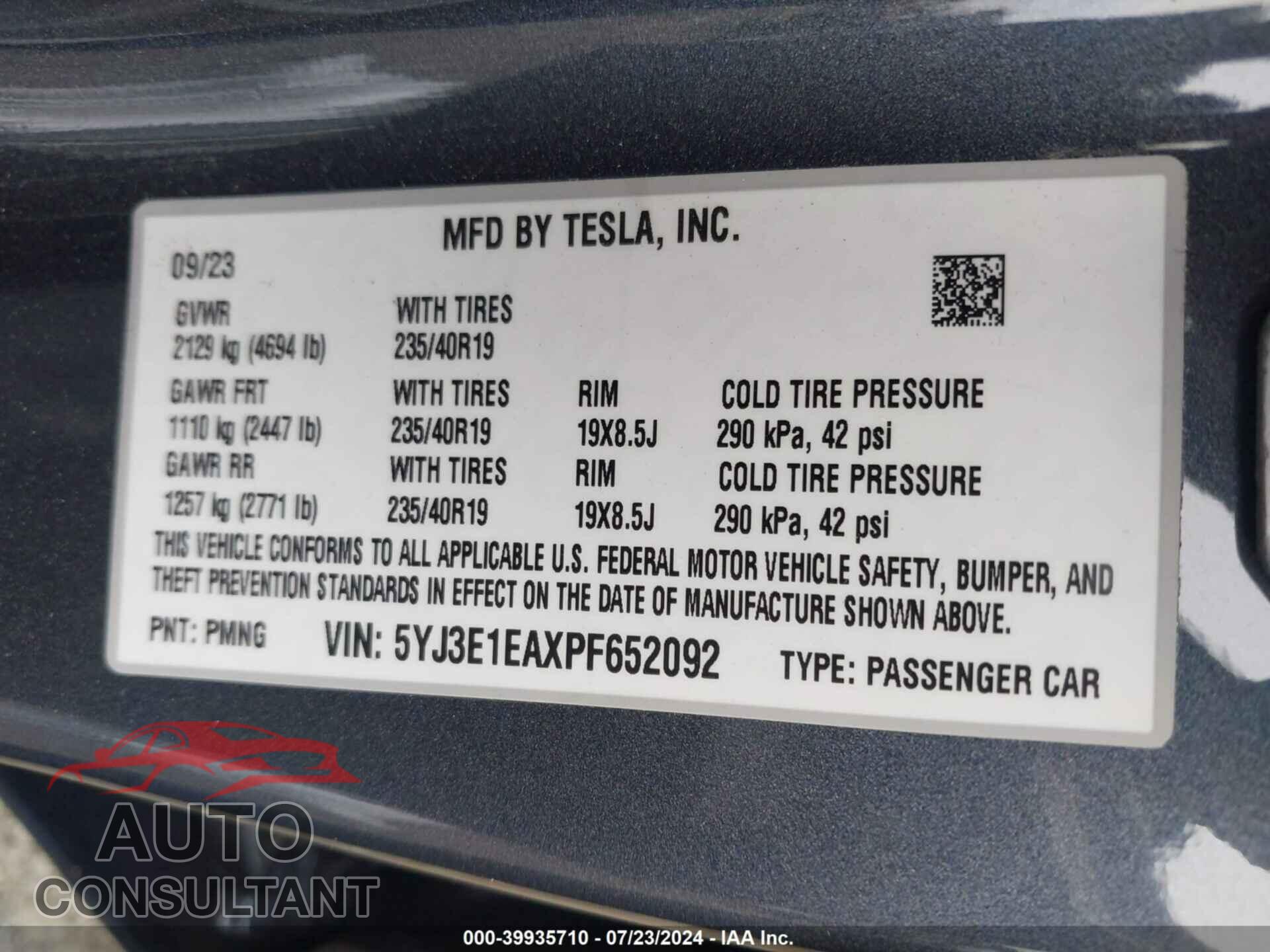 TESLA MODEL 3 2023 - 5YJ3E1EAXPF652092