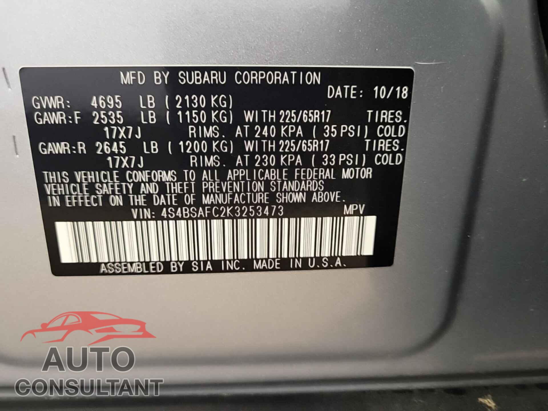 SUBARU OUTBACK 2019 - 4S4BSAFC2K3253473