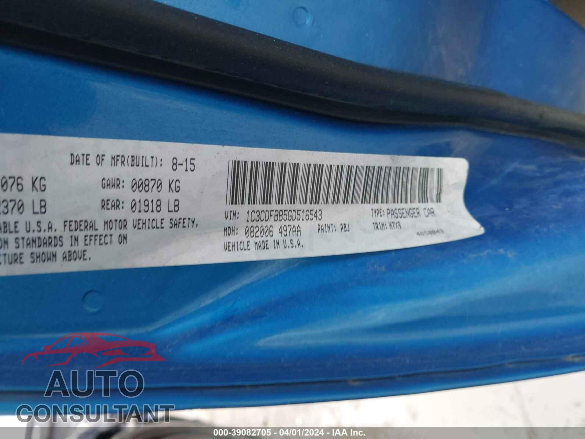 DODGE DART 2016 - 1C3CDFBB5GD516543