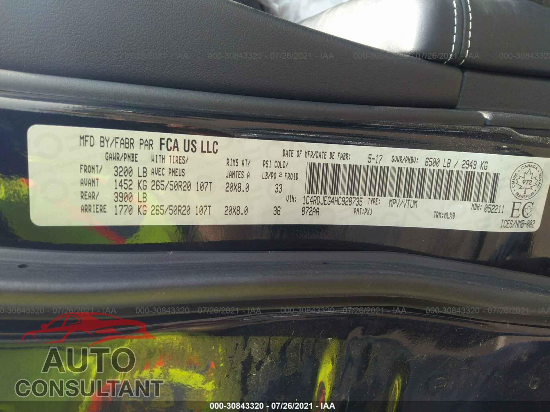 DODGE DURANGO 2017 - 1C4RDJEG4HC928735